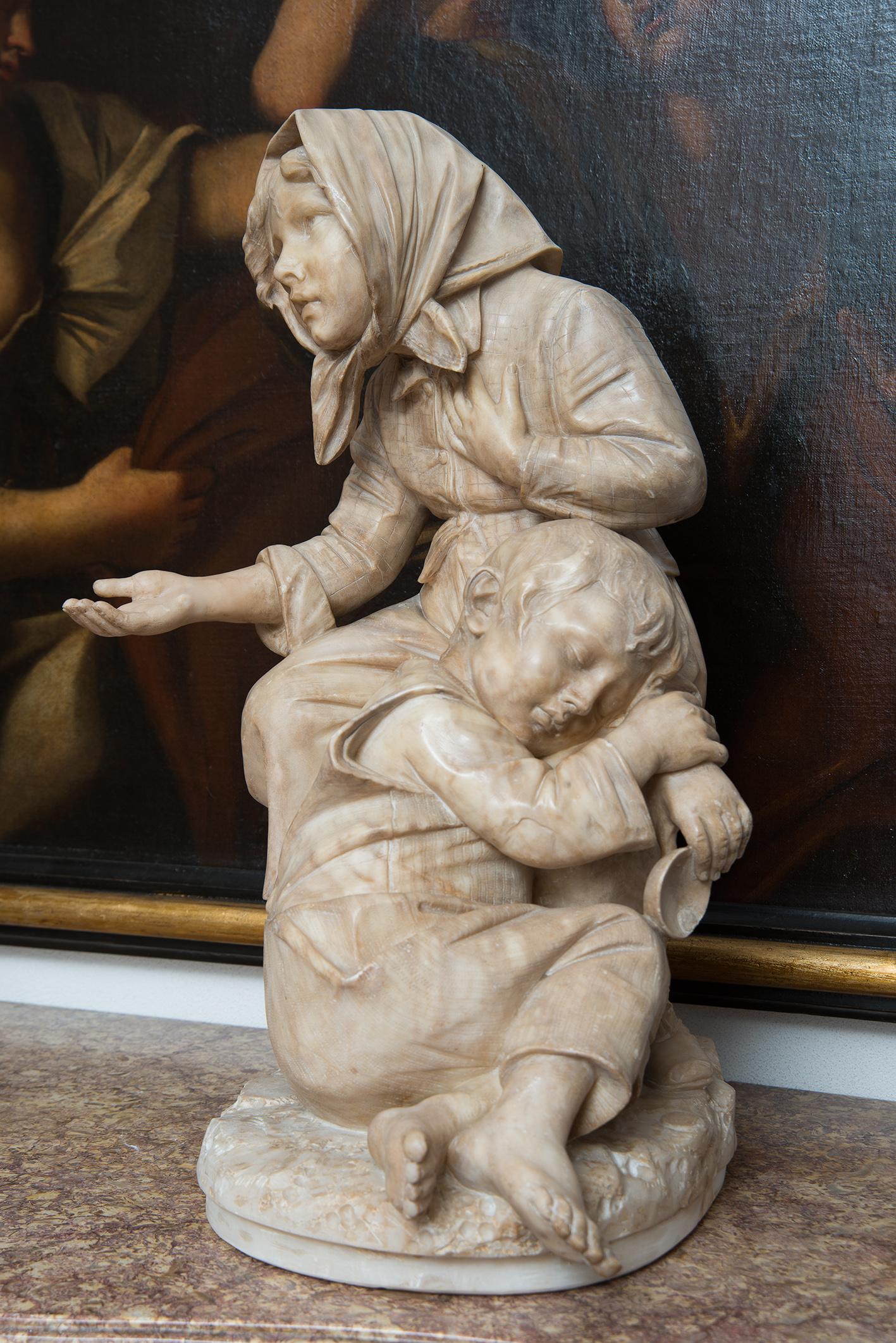 Alabaster sculptural group depicting a pair of begging children belonging to the second half of the 19th century.

 The work is of great value and sculptural quality as the artist manages to capture the drama of the act and stop it in its most