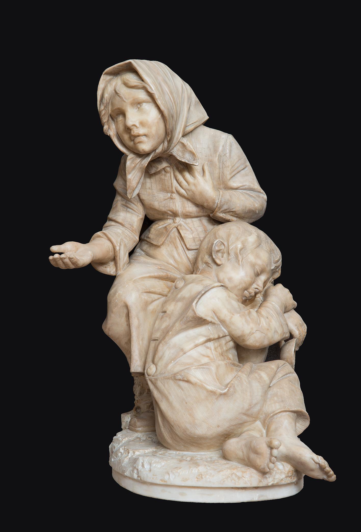 Unknown Figurative Sculpture - Antique alabaster sculpture depicting begging children.