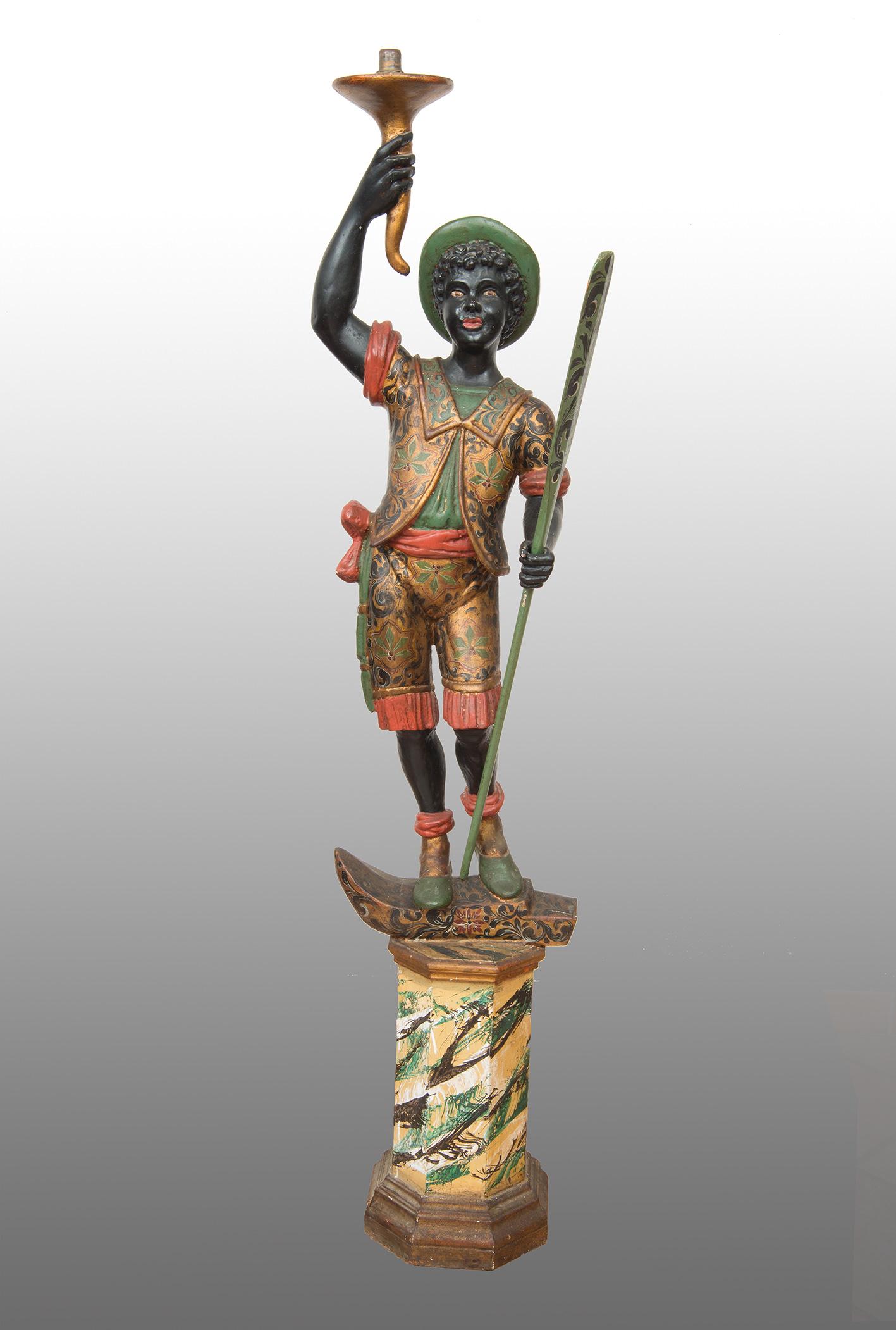 Figurative Sculpture Unknown - Sculpture ancienne en bois polychrome représentant le Maure de Venise.19ème siècle