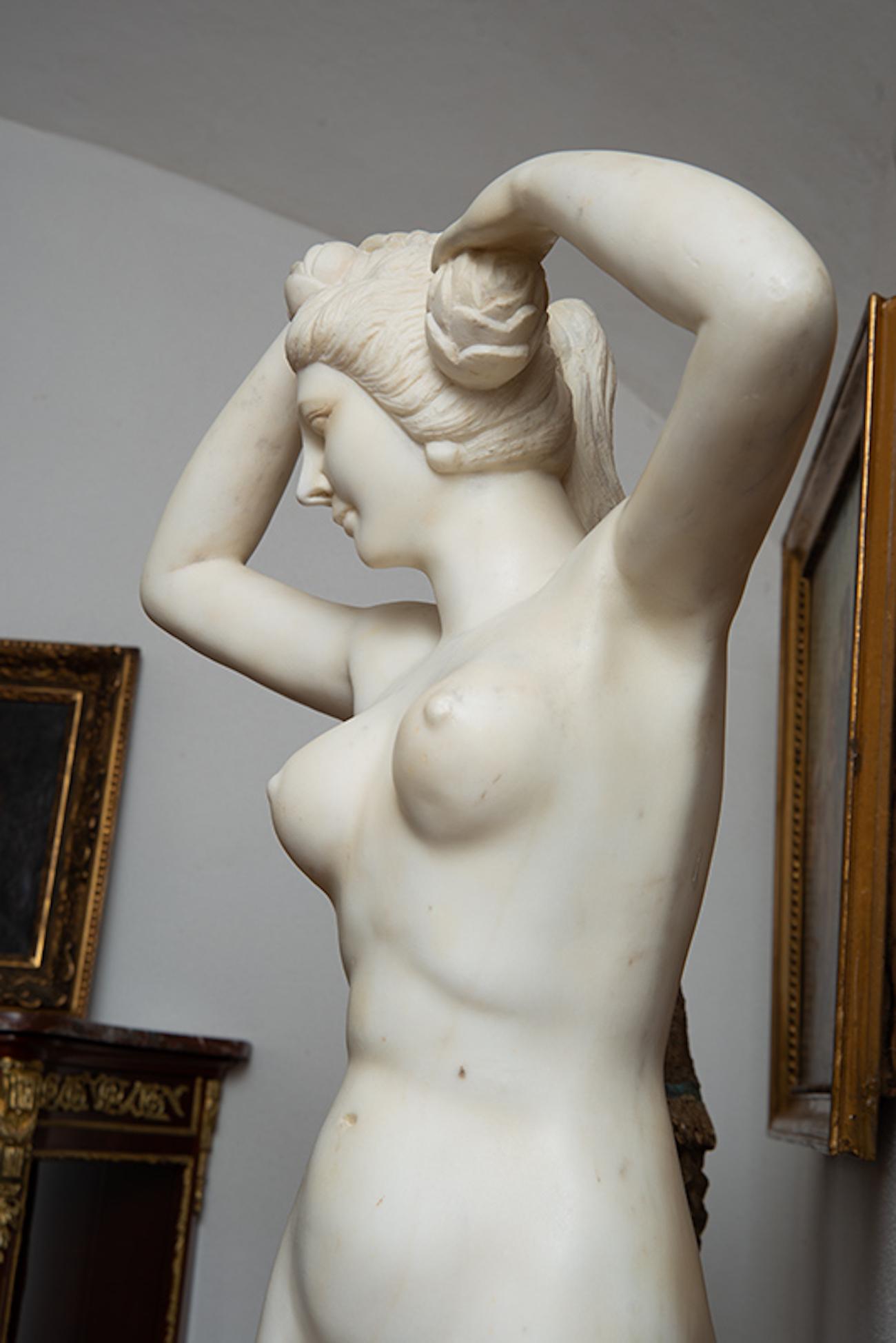 White statuary marble sculpture depicting a young woman  who is shown in a pose derived from ancient classicism, of touching her hair and holding a flower she has in her hair.
 
The body is completely naked and rests with its right leg near two tree