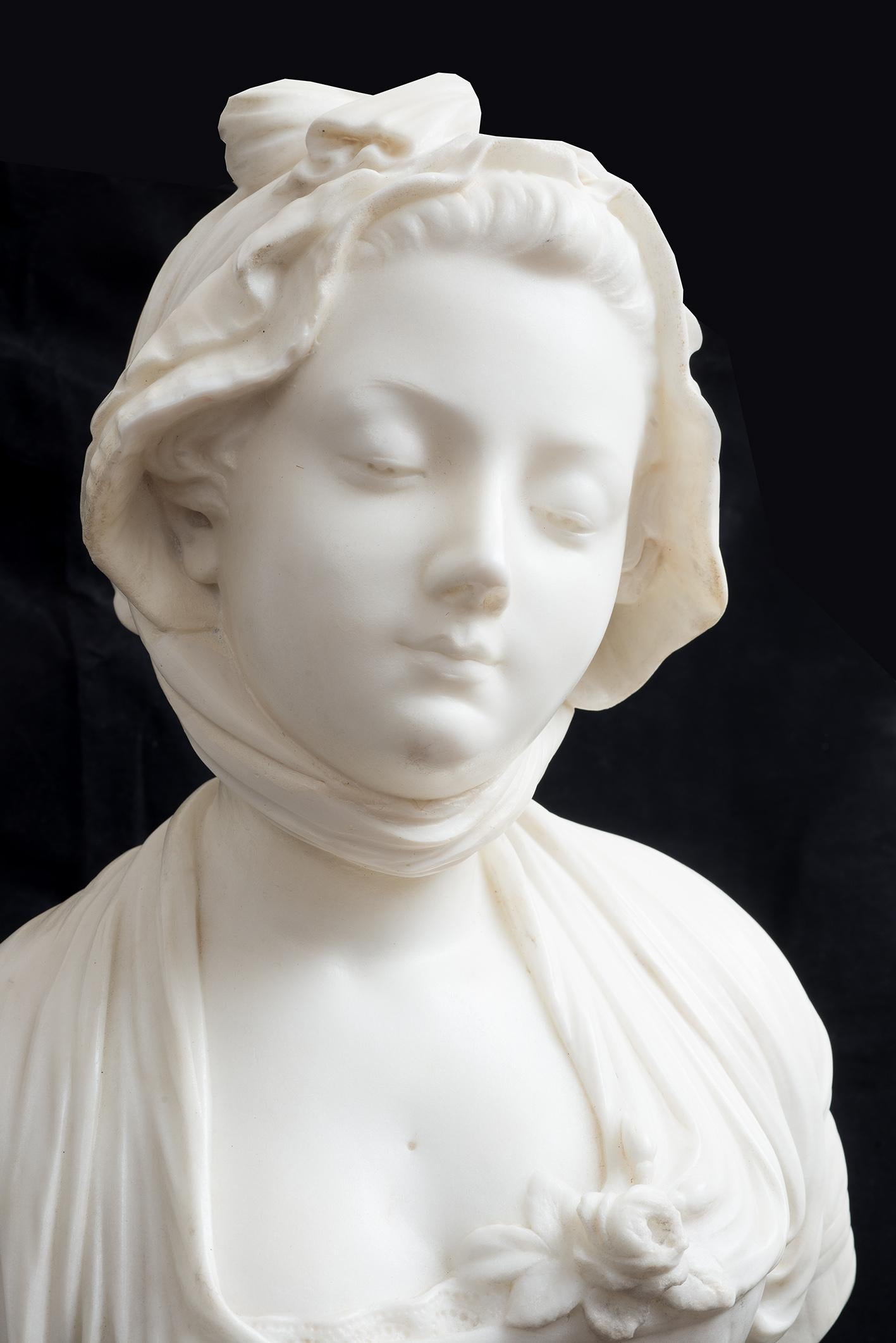 Antique white marble statuary sculpture depicting bust of noblewoman. - Sculpture by Unknown