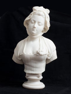 Antique white marble statuary sculpture depicting bust of noblewoman.