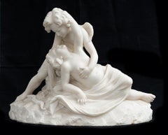 Antique French Napoleon III alabaster sculpture depicting Cupid and Psyche.