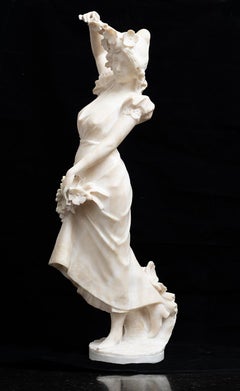 Scultura antica Napoleone III Francese in alabastro raffigurante donna con fiori
