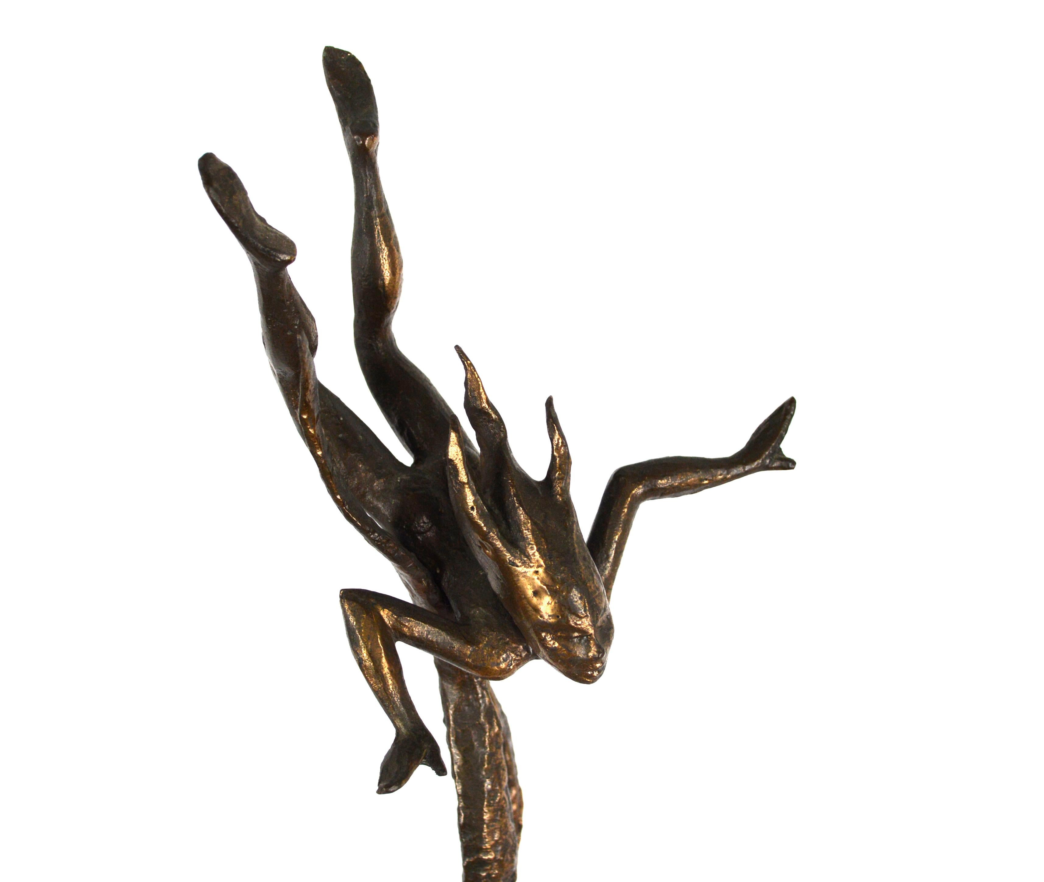 Beautiful mid century modern figurative bronze sculpture by an unknown artist named Bouchard. A sea nymph is depicted as a nude figure in a dynamic diving pose, with an elongated flowing plant-like form. Bronze sculpture is attached to a rectangular