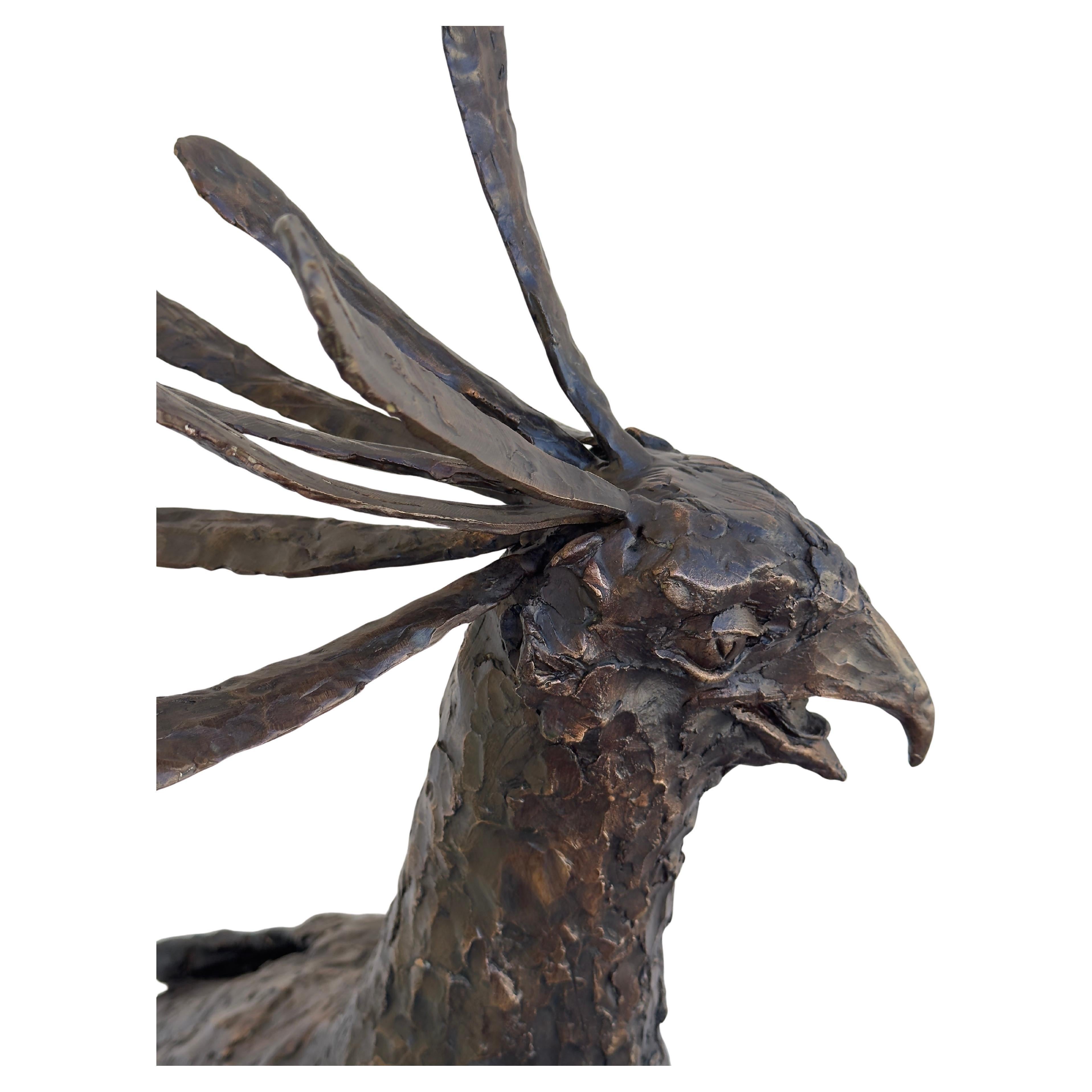 Secretario Pájaro Tamaño Natural
43H x45L x 11D Base de mármol 24x16 pulgadas Escultura de bronce para interior o exterior. 
Escultura moderna vintage de bronce de tamaño natural, sin firma visible, alrededor de 1990.