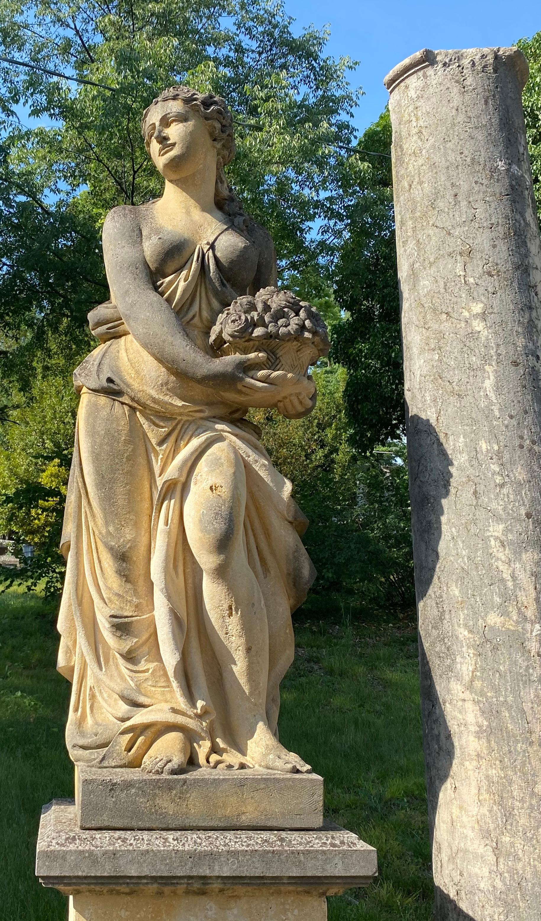 Monumental classically draped female figures and their distinguishing symbols on a square base. 
Autumn, winter, spring and summer. Measures: Height of the sculptures cm 190 with square form bases cm H 110  x W 69x 64.
Outdoor.
 
