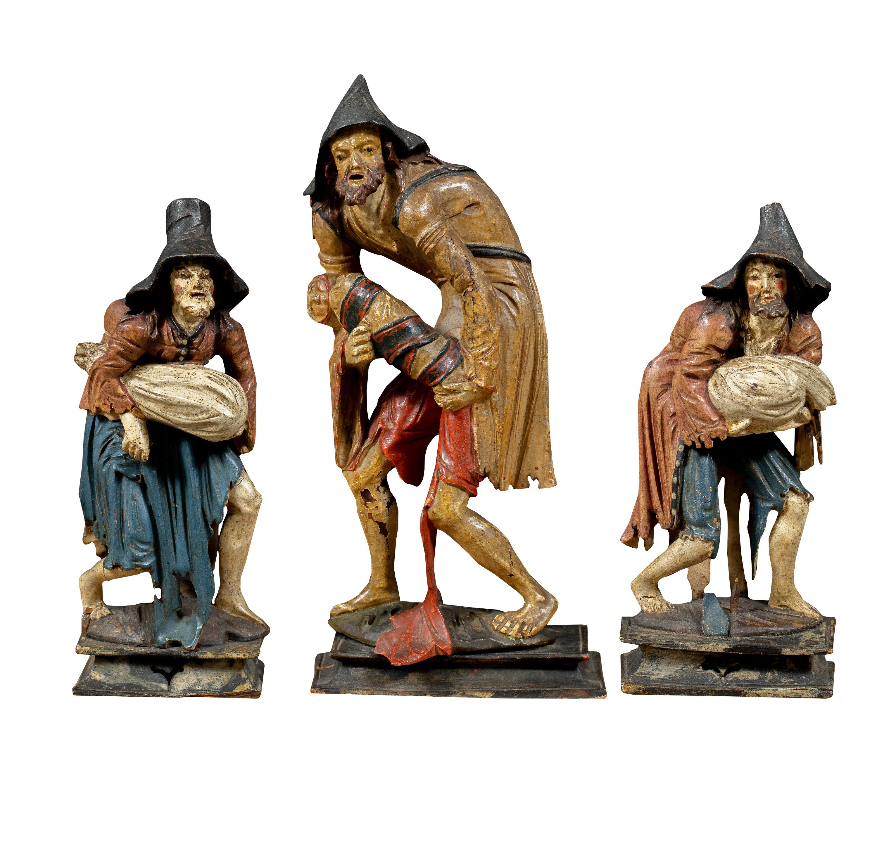 Set of Three 18th century Venetian carved lacquered wood figures beggar