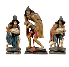 Set of Three 18th century Venetian carved lacquered wood figures beggar