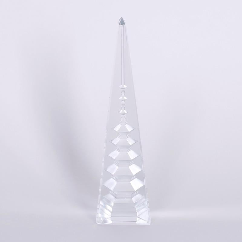 Set of Three Cut Crystal Obelisks with Inner Pagodas - Abstract Geometric Sculpture by Unknown