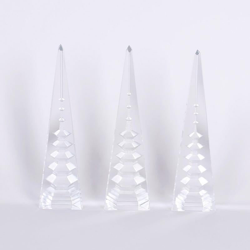 Unknown Abstract Sculpture - Set of Three Cut Crystal Obelisks with Inner Pagodas