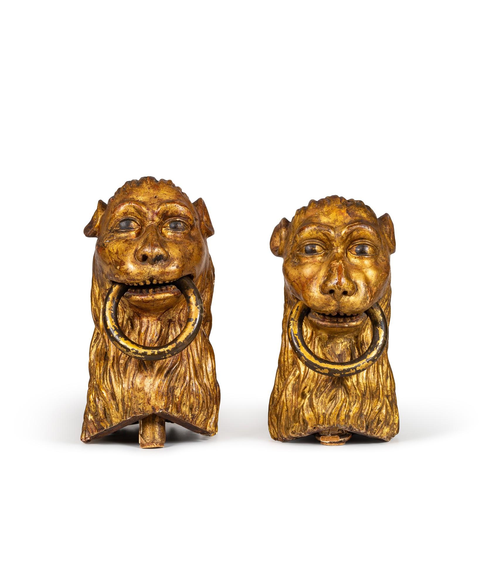 Unknown Figurative Sculpture - SET OF TWO ITALIAN CARVED AND GILT WOODEN HEADS OF LIONS