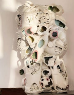 Shattered White Ceramic Bottles Fused in Piles in the Style of Yeesookyung