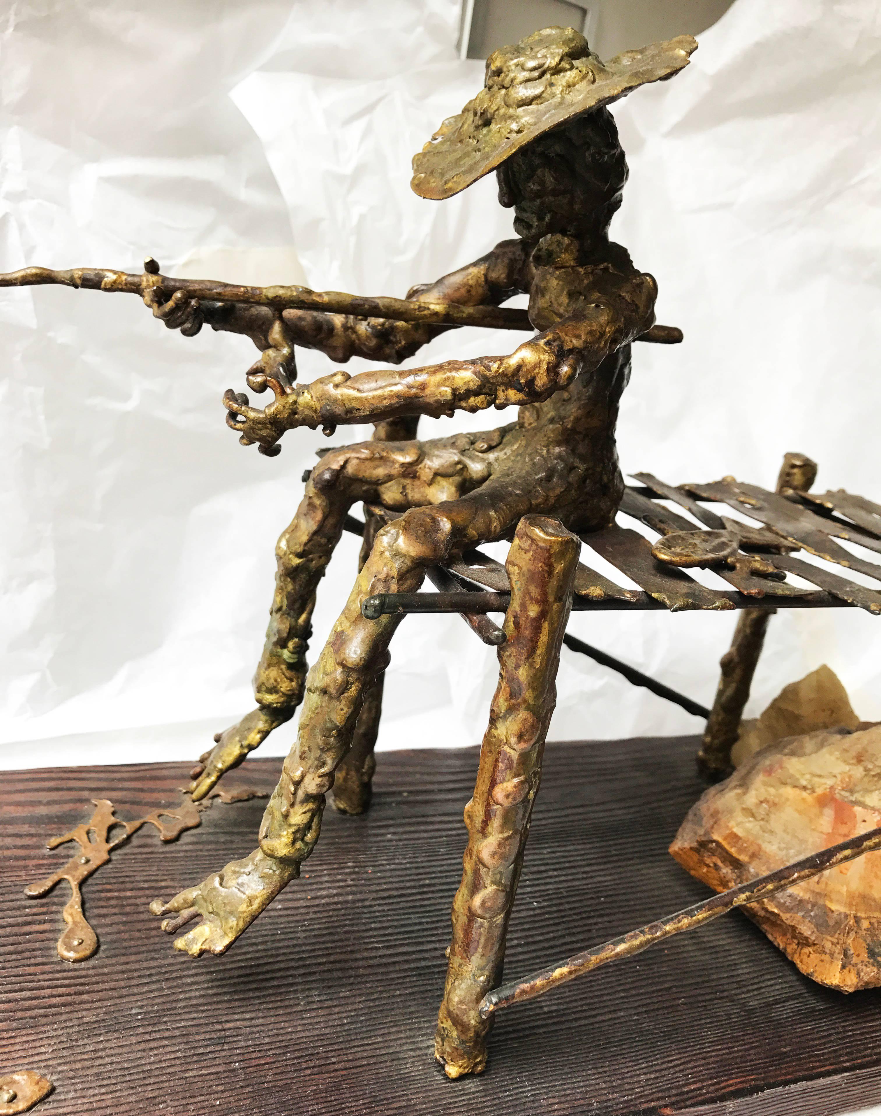 signed illegibly; Fisherman and Bird; bronze, wood, rock For Sale 2