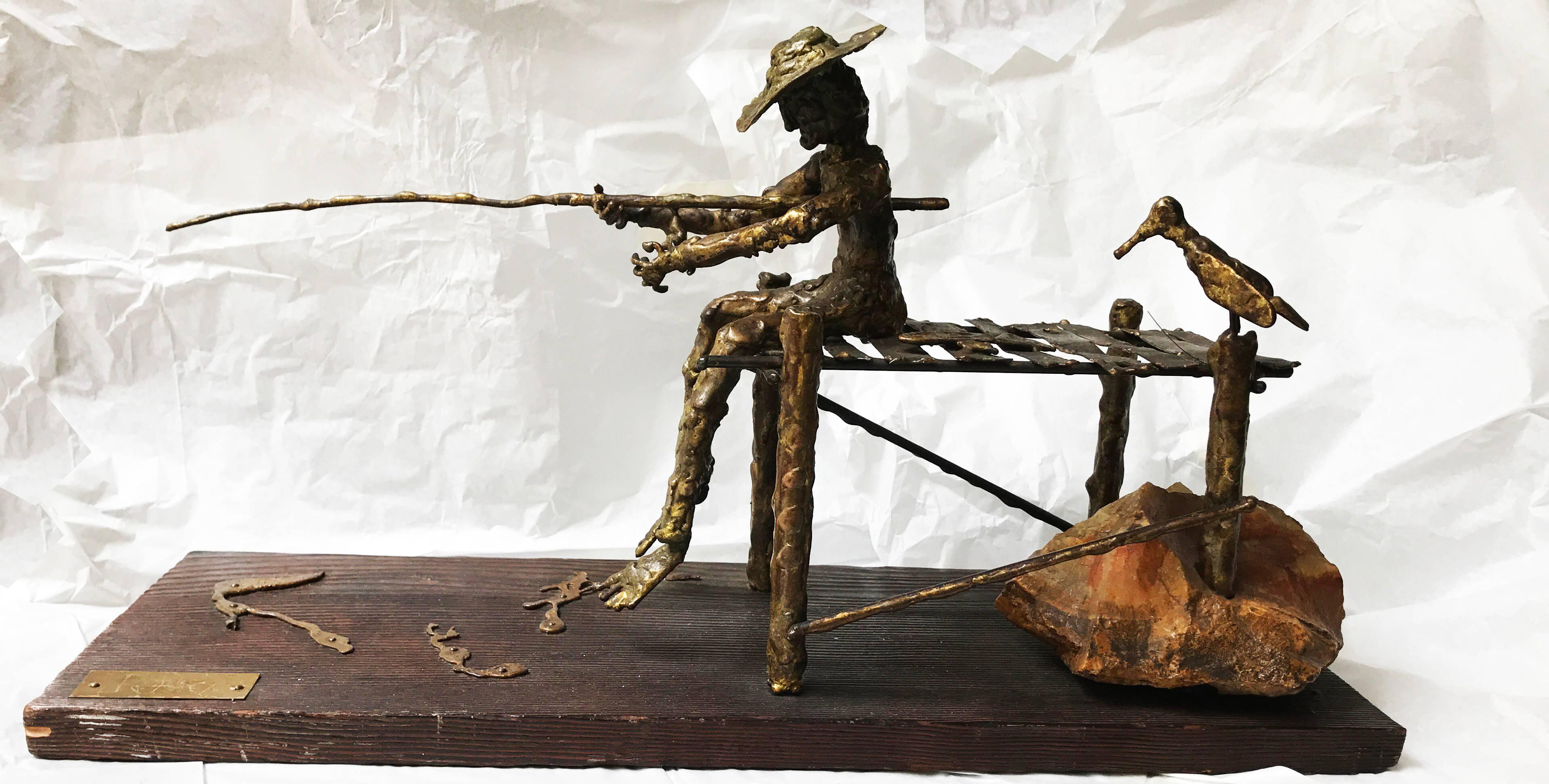 signed illegibly; Fisherman and Bird; bronze, wood, rock For Sale 3