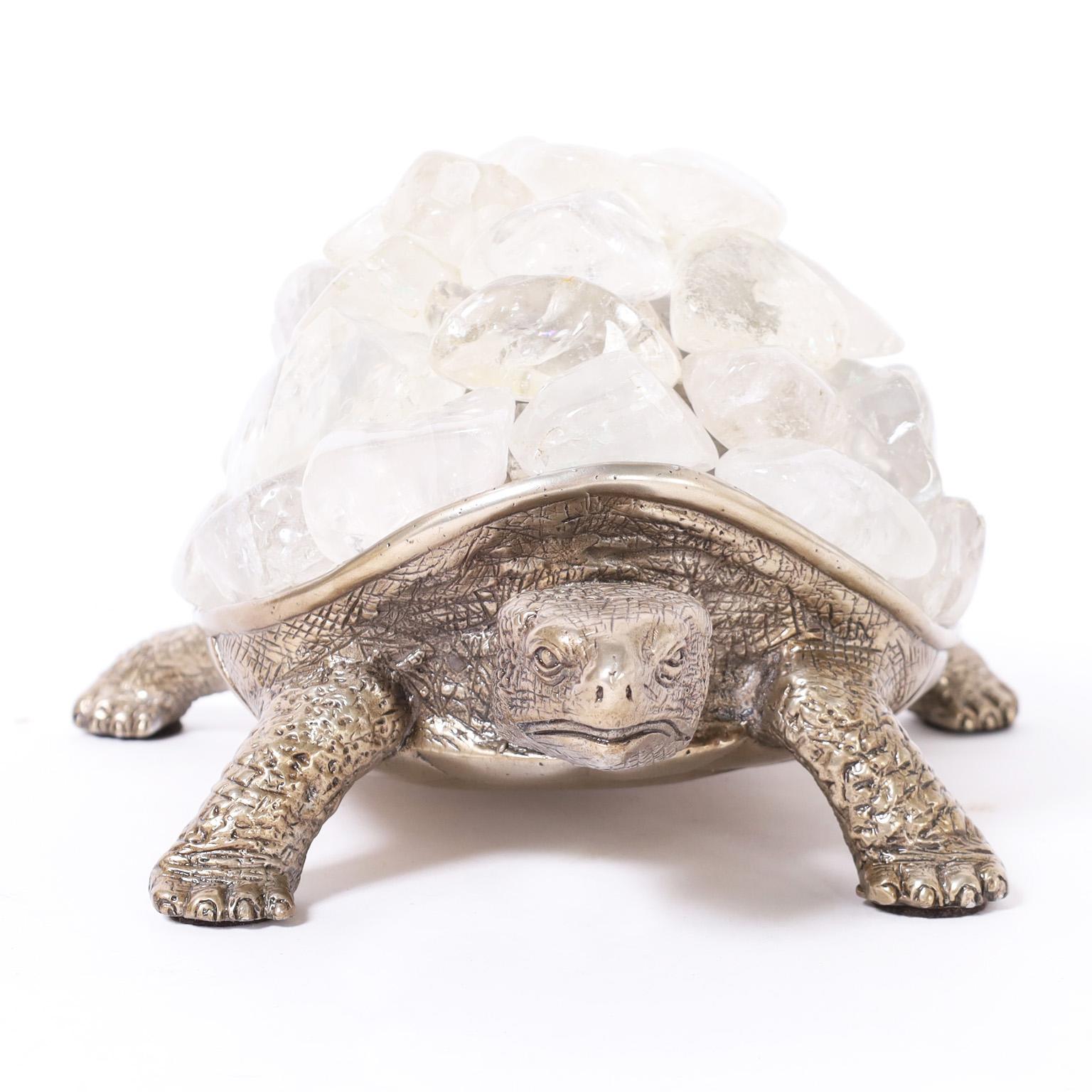 Silver Plate Turtle with Crystal Rocks - Victorian Sculpture by Unknown