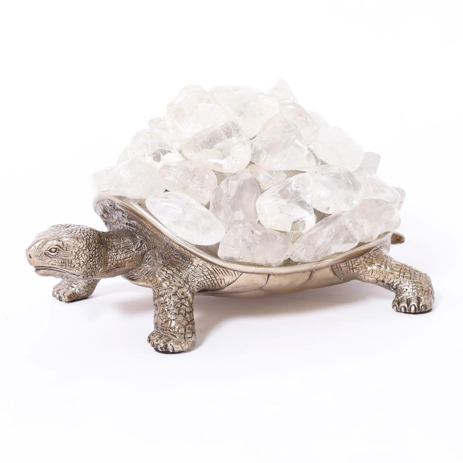 Silver Plate Turtle with Crystal Rocks - Sculpture by Unknown