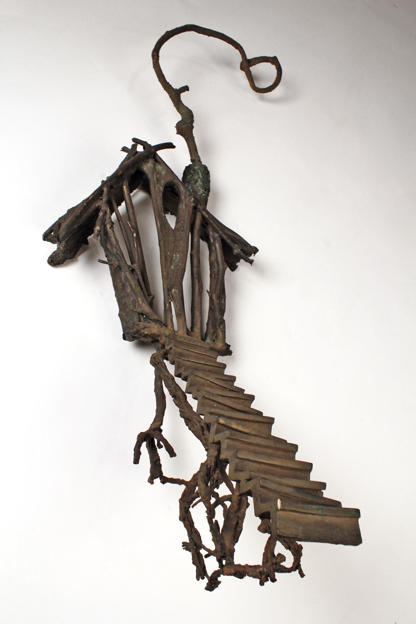 Solid Cast Bronze Brutalist Tree House Sculpture - Gold Abstract Sculpture by Unknown