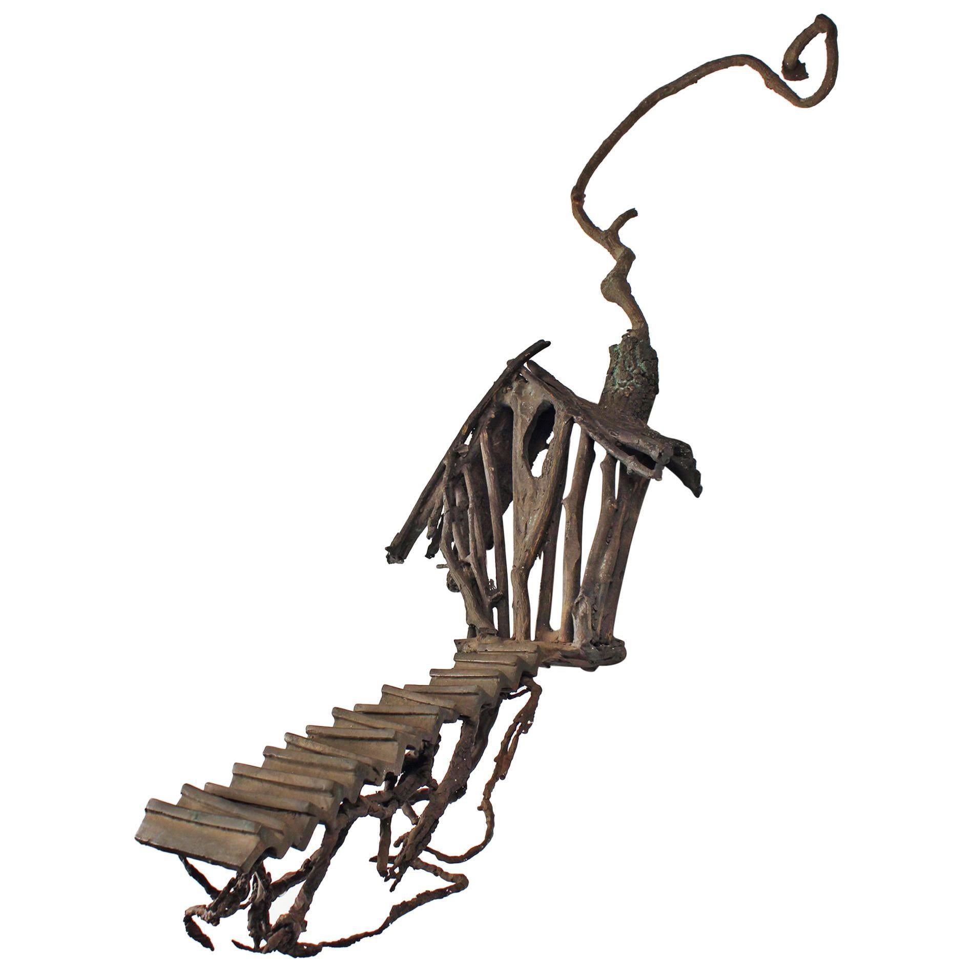 Unknown Abstract Sculpture - Solid Cast Bronze Brutalist Tree House Sculpture