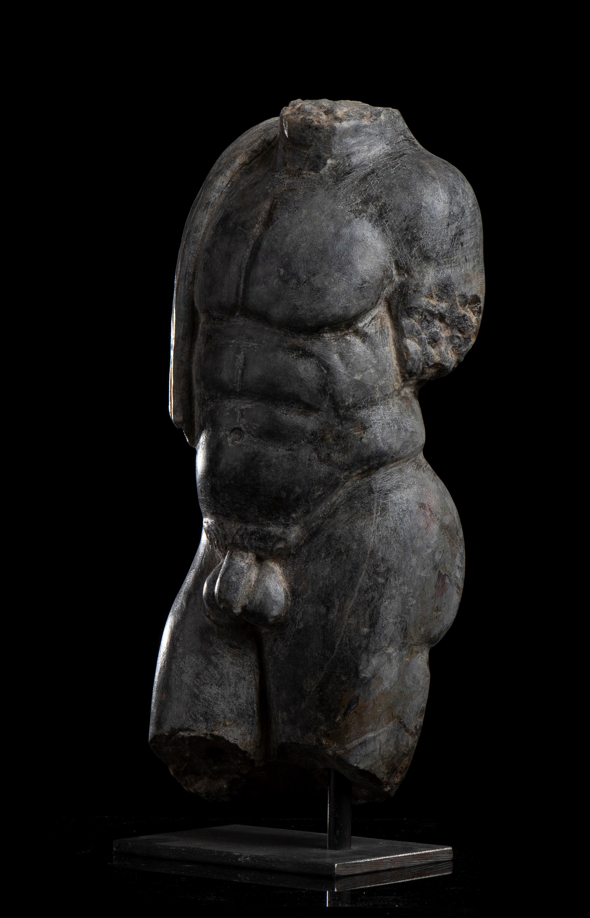 An interesting specimen gray marble torso sculpture of a nude man, classical roman grand tour style wearing a tunic on the right shoulder in contrapposto position standing on an iron rectangular base in archeological style. 
The sculpture carved in