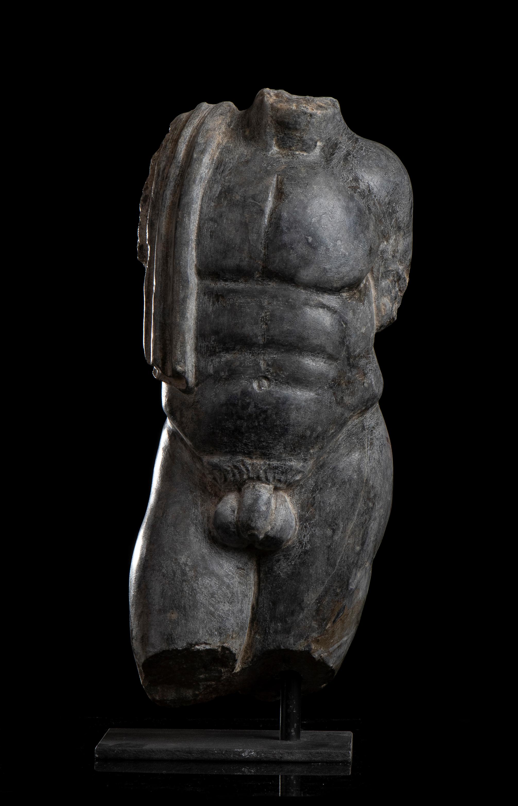 Spécimen de sculpture de torse en marbre gris d'un homme nu Classique romain Grand Tour 19ème