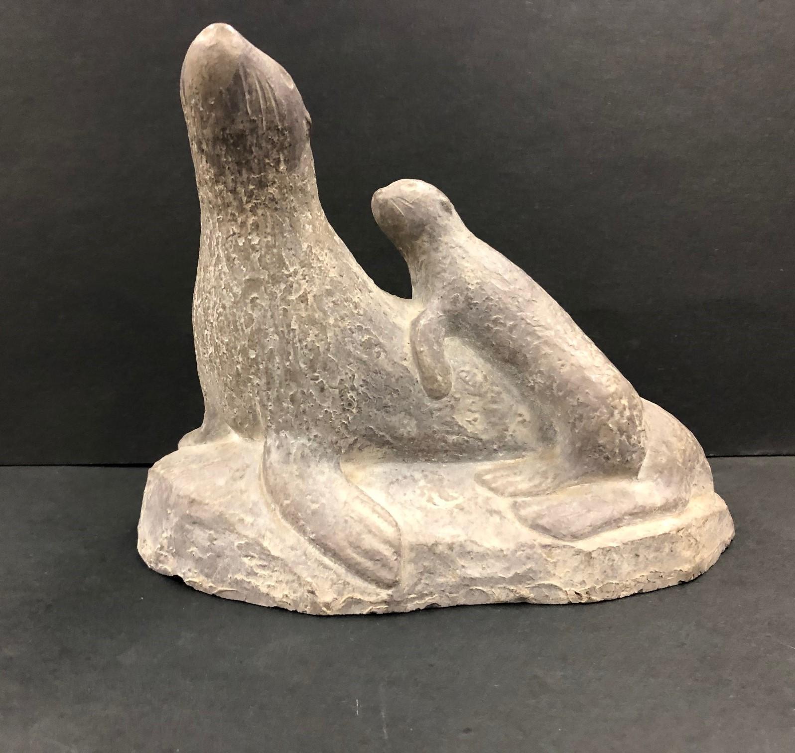 Unknown Still-Life Sculpture - Stone Carving of a Mother and Baby Seal-Abbott Canada
