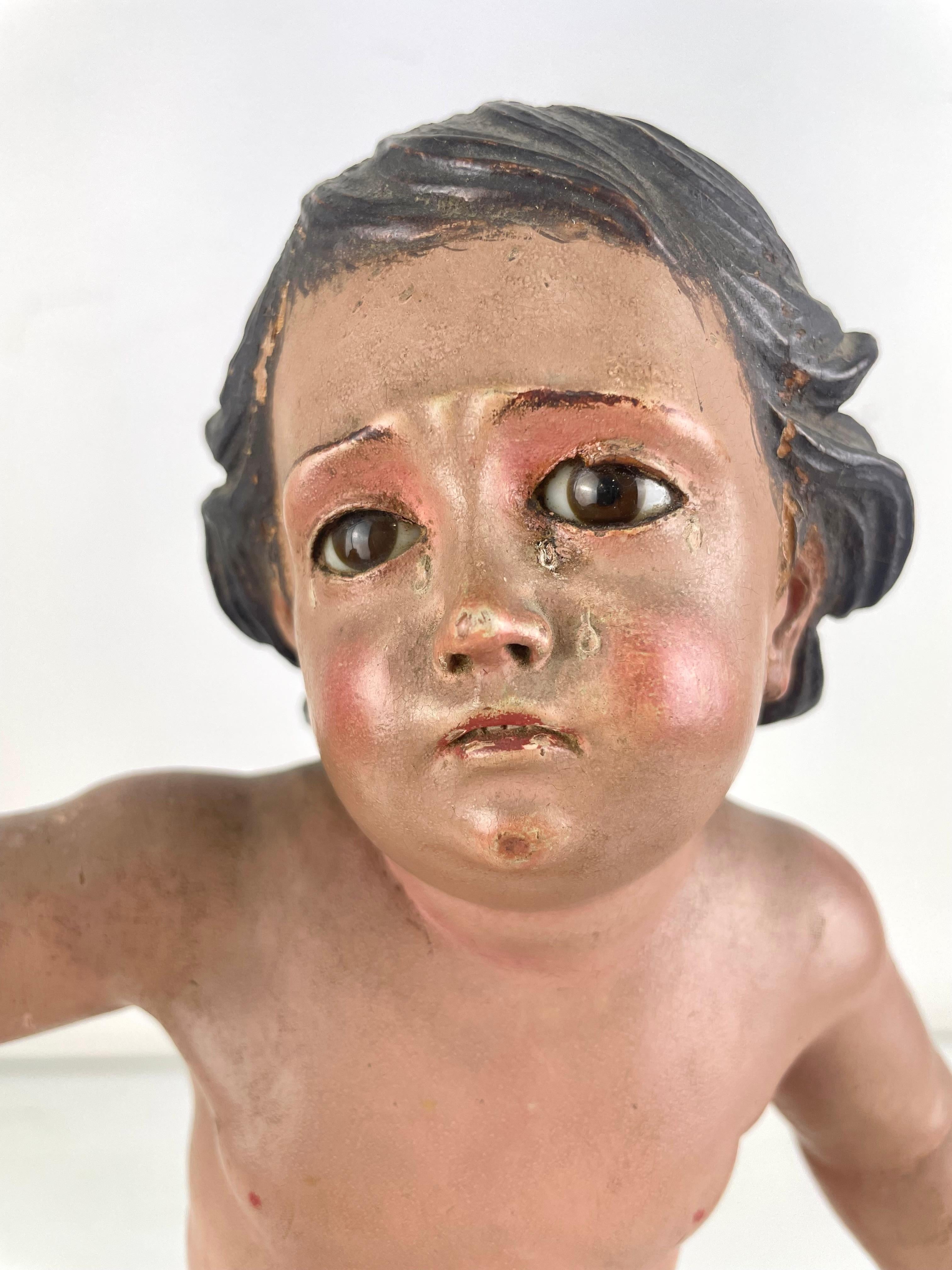 Talla Antigua de San Juan Bautista Niño con Cruz de Plata  – Siglo XVIII/XIX For Sale 1