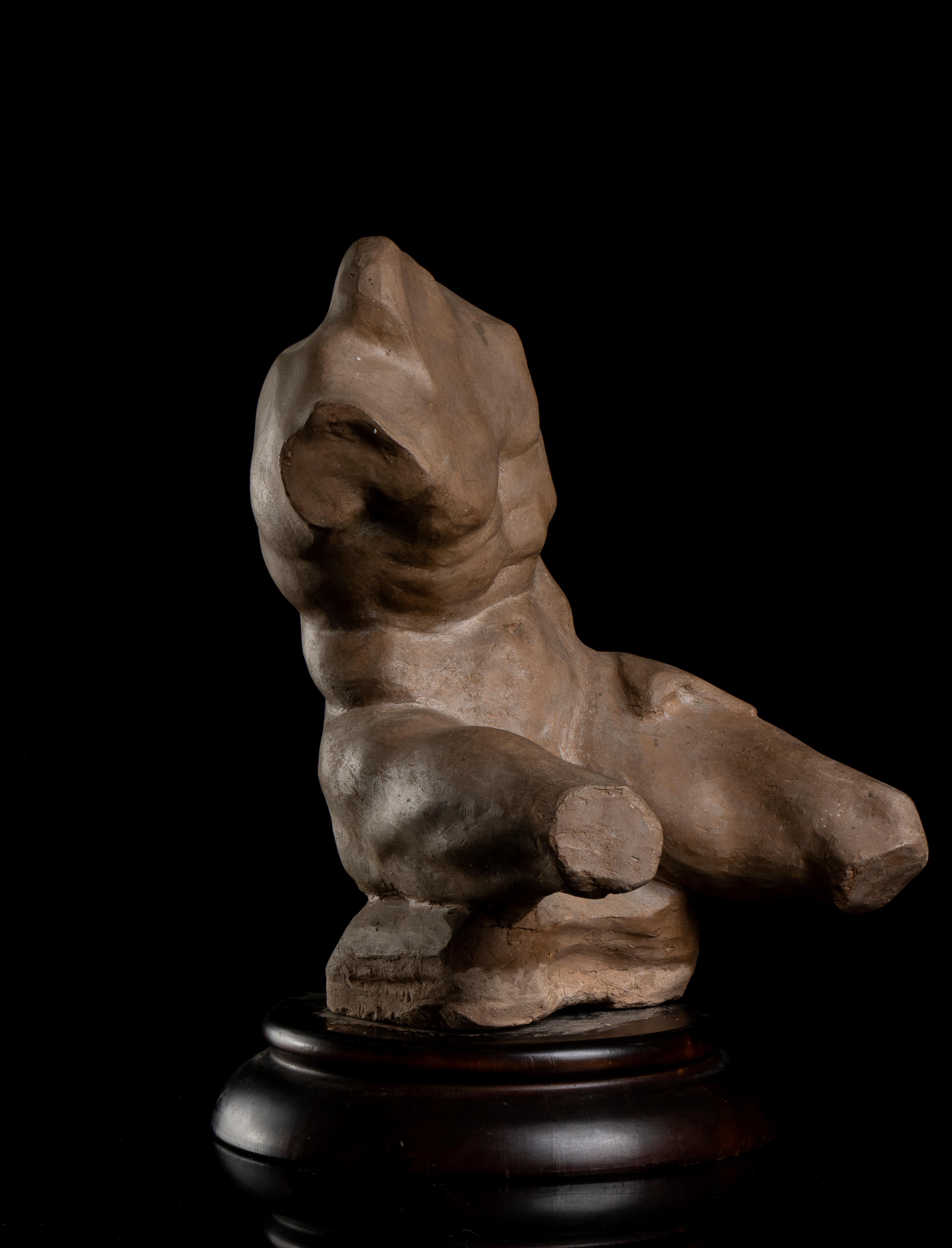 a very interesting sculpture, a studio of the Belvedere Torso made in french in the 19th Century. Standing on a double order circular wood base, the sculpture present an harmonic and detailed work with a significant study of the original Belvedere