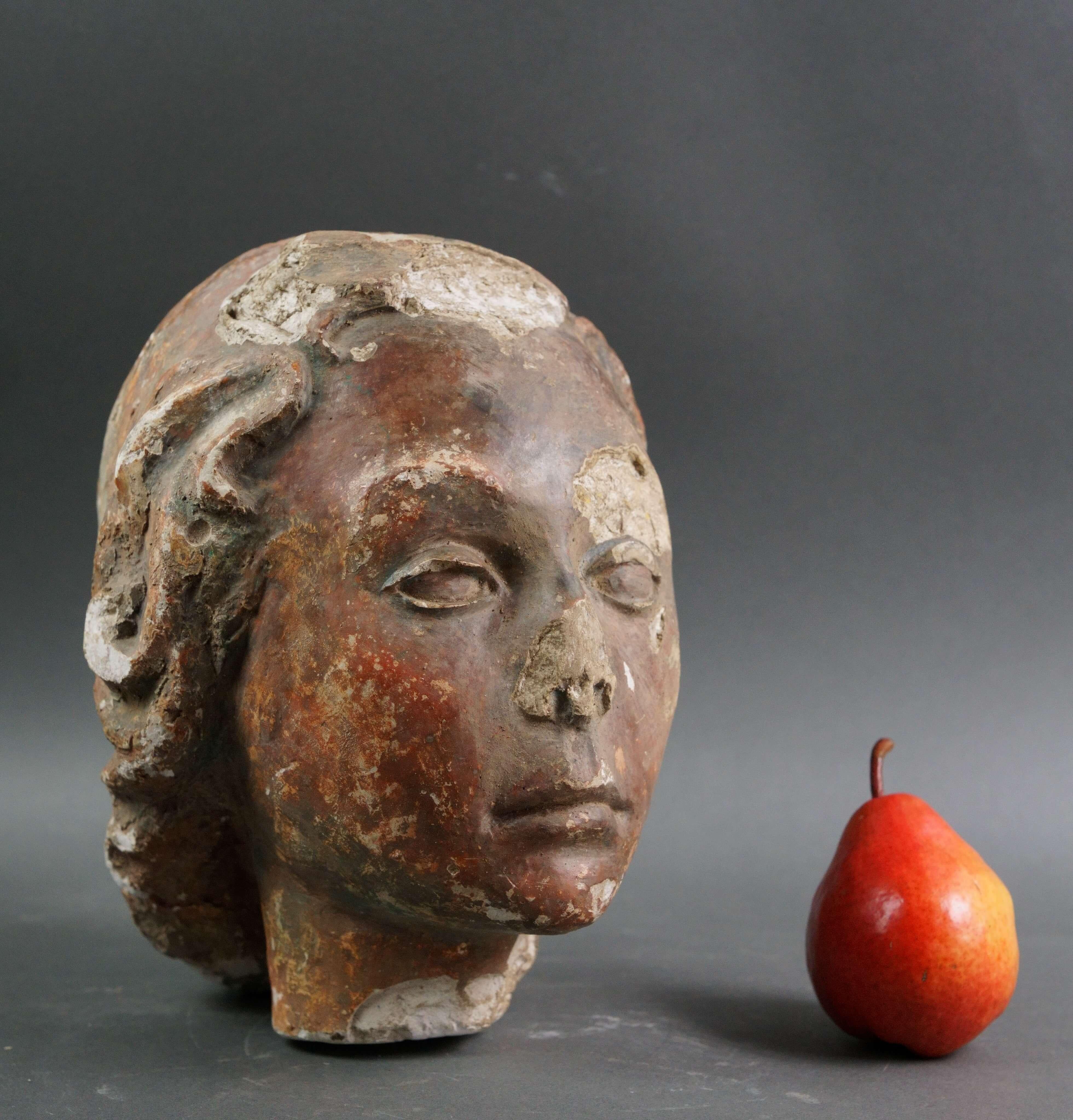 Polychrome Stucco Head Sketch Cast Fragment 19th century - Sculpture by Unknown