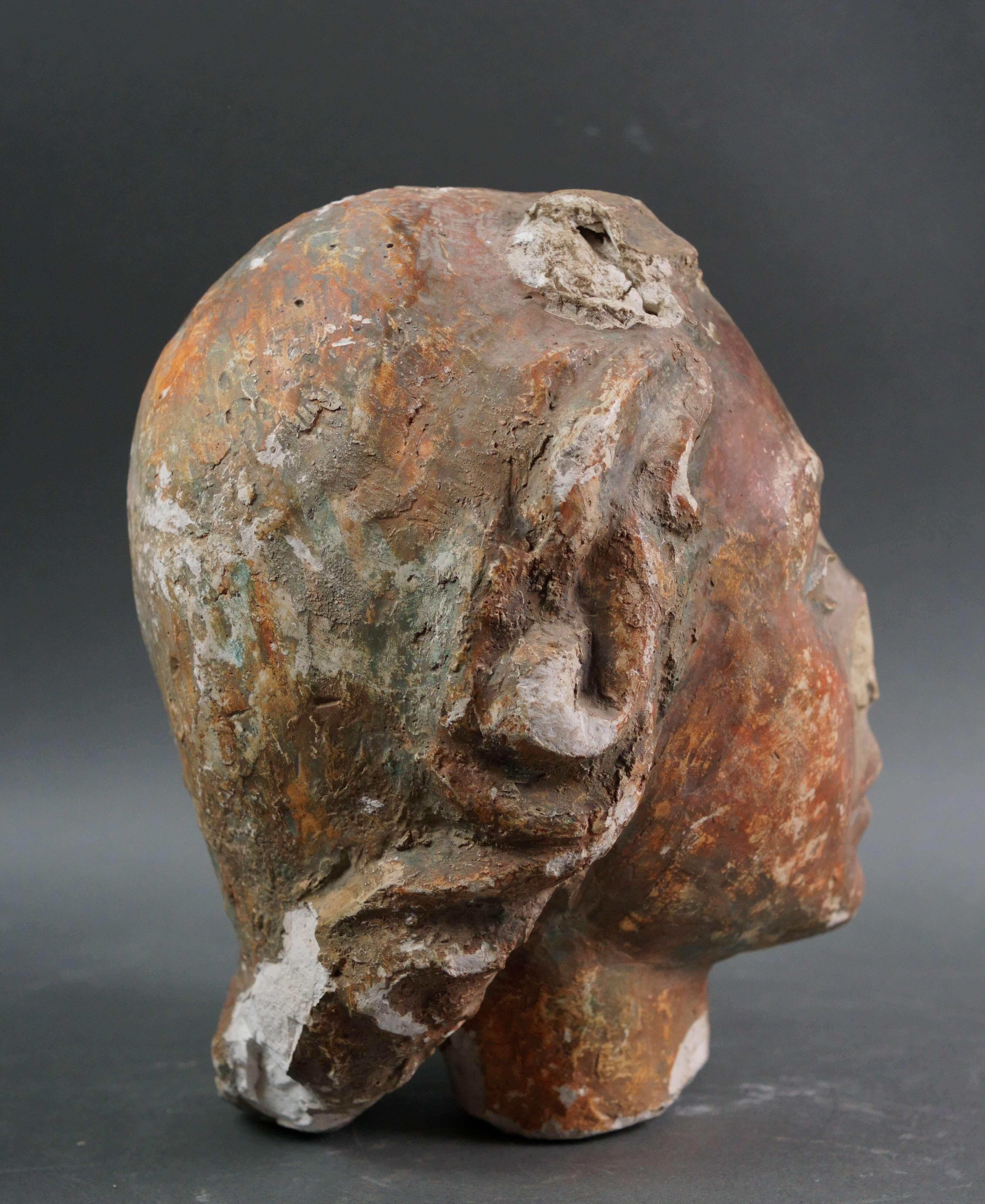 Polychrome Stucco Head Sketch Cast Fragment 19th century - Italian School Sculpture by Unknown