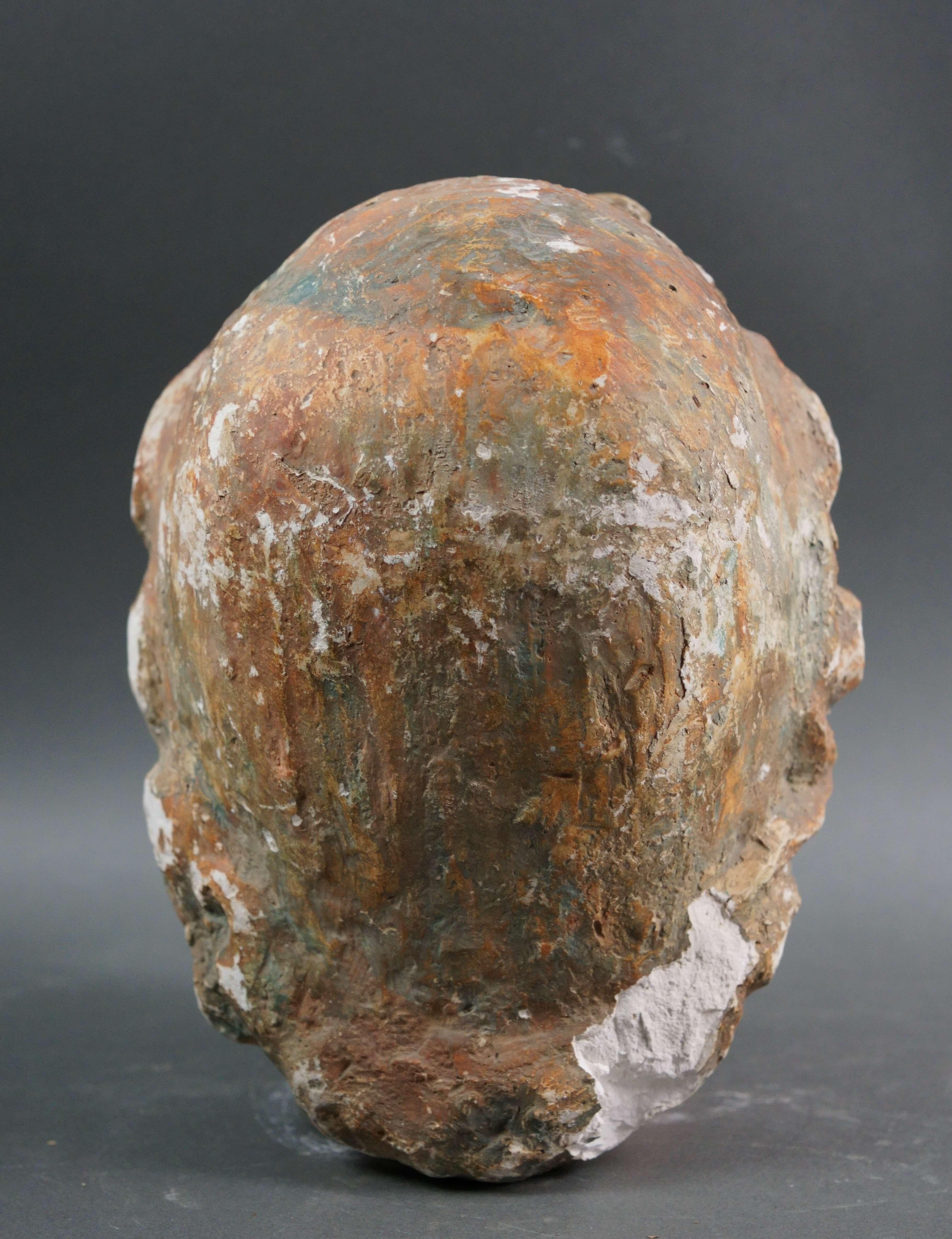 Polychrome Stucco Head Sketch Cast Fragment 19th century - Black Figurative Sculpture by Unknown