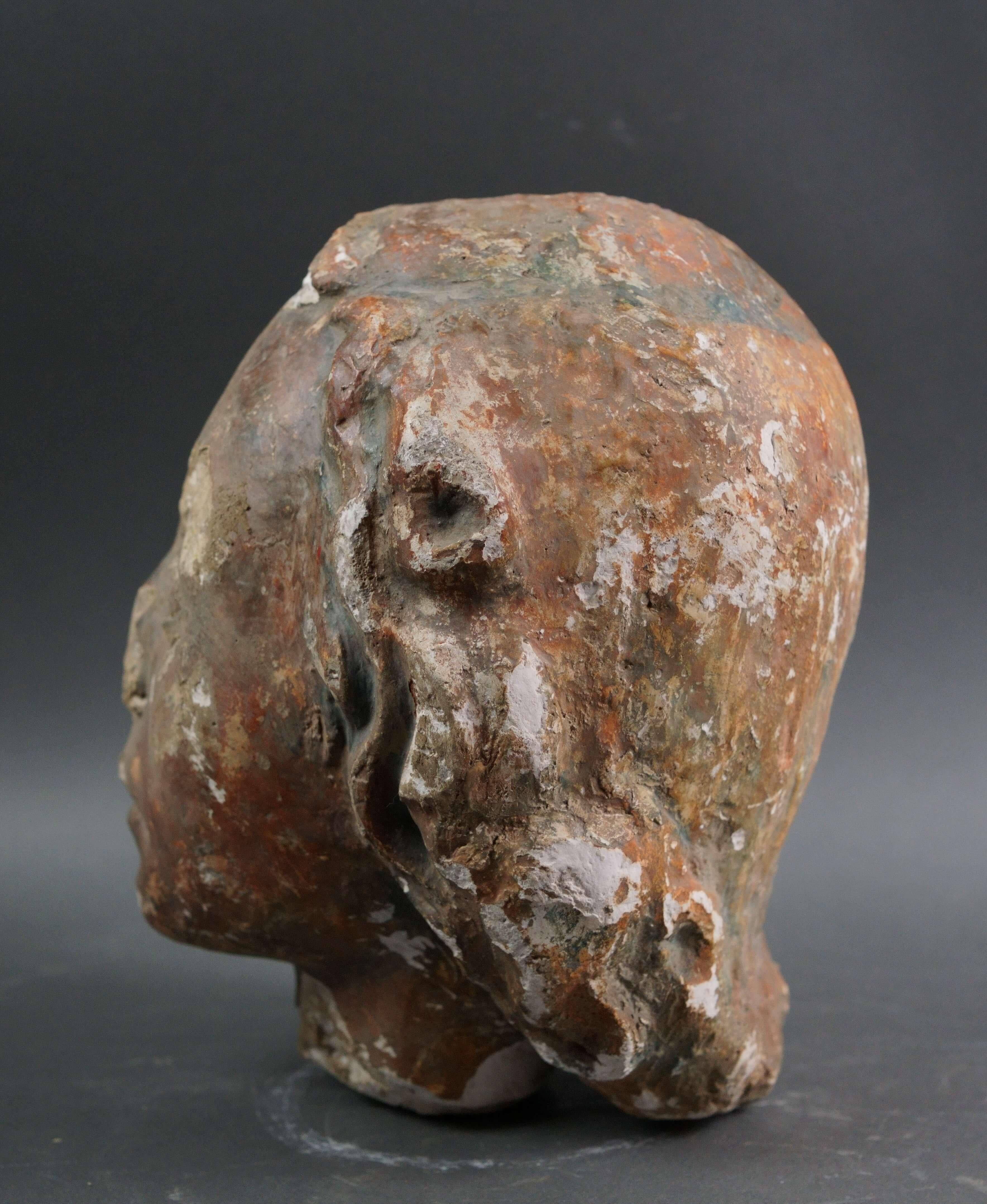 Large stucco head with traces of polychromy, Italy, 19th century.   
It could be a cast of a museum sculpture made during the 19th century or a plaster sketch of a work. In any case, even if the polychromy is partly lost and despite the signs of