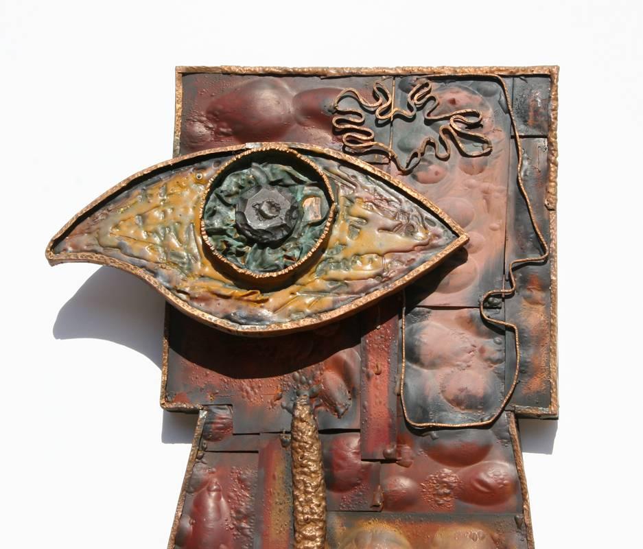 The EYE, Abstract Copper and Wood Sculpture - Brown Abstract Sculpture by Unknown