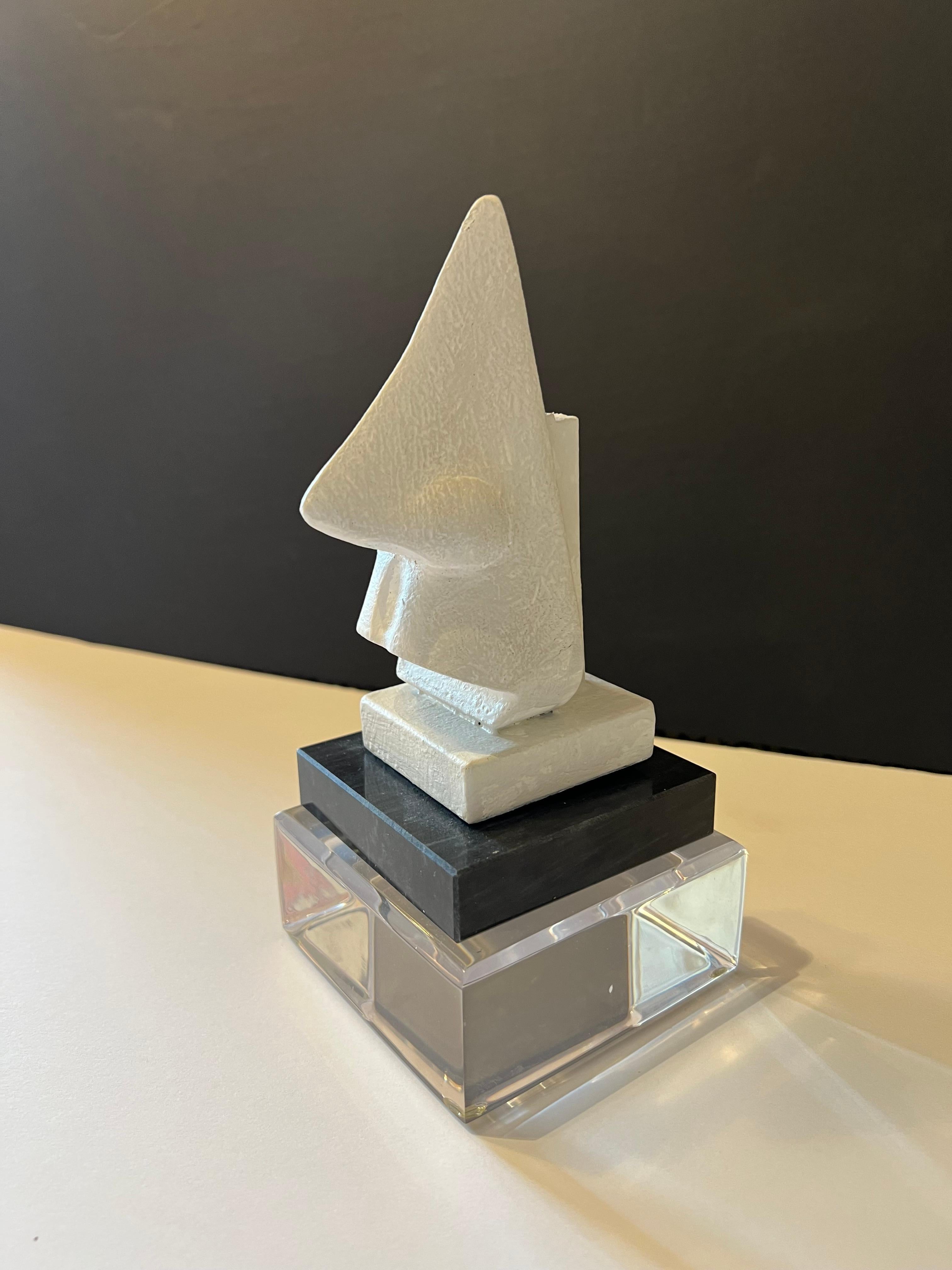 Unknown Figurative Sculpture - "The Nose" White Modern Plaster Sculpture on a Lucite and Black Marble 