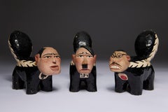 The Three Skunks of WWII, Carved Wooden Figures of Hitler, Mussolini & Tojo