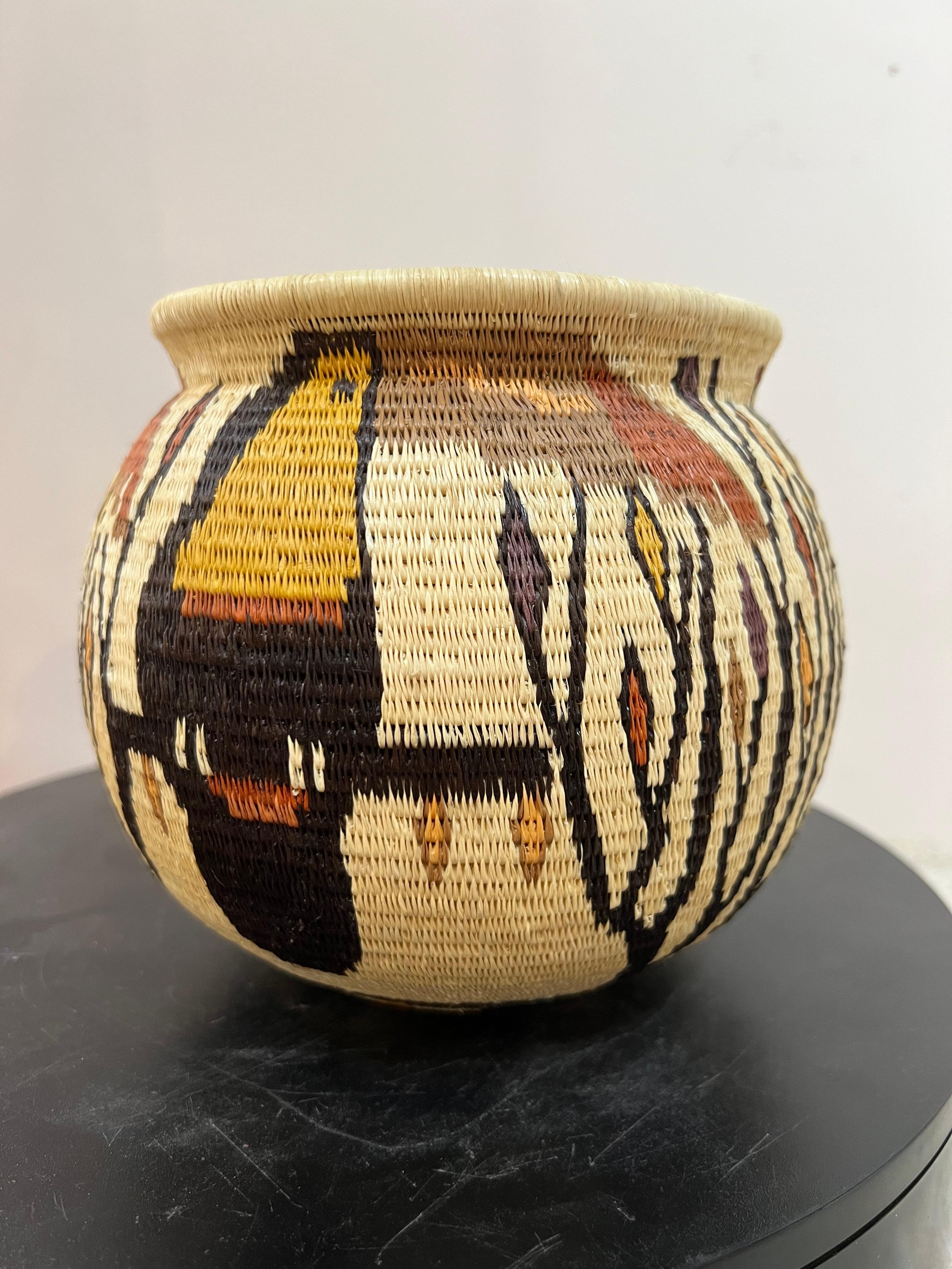 Toucan and Parrot Basket, yellow, cream, black, Tribal, Panama, Rainforest - Mixed Media Art by Unknown