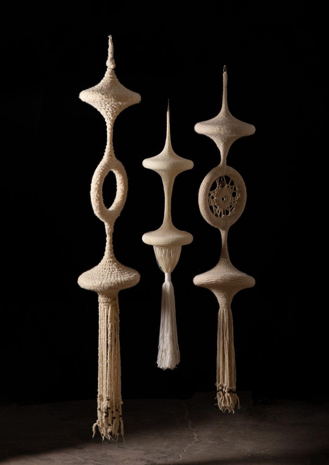 Trio of Hand Woven Suspended Textile Sculptures by Fiber Artist Barbara Coburn - Brown Still-Life Sculpture by Unknown