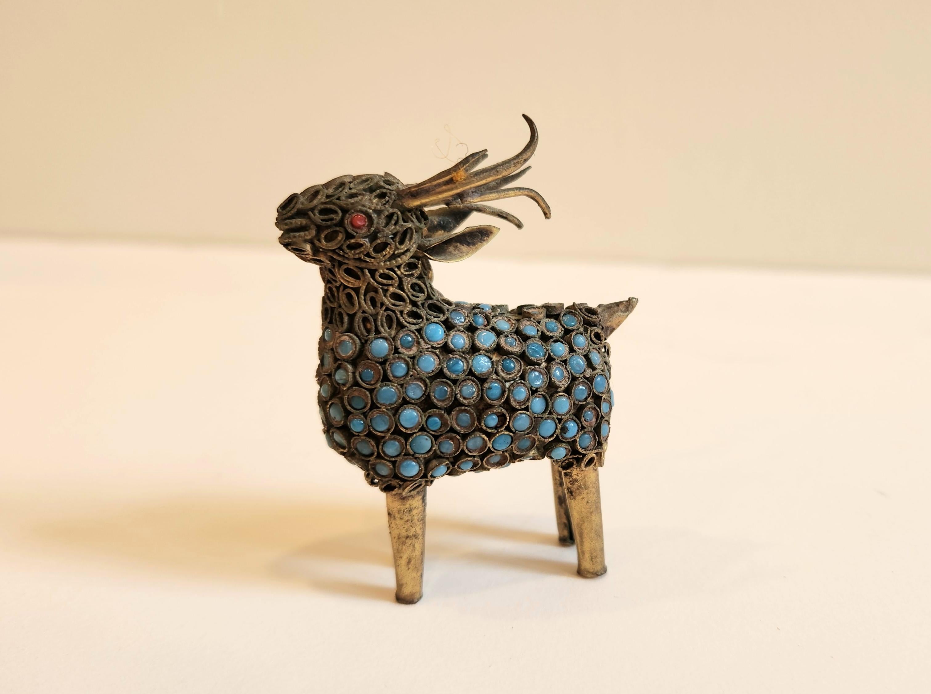 Turquoise and Coral Ram from Nepal - Other Art Style Sculpture by Unknown
