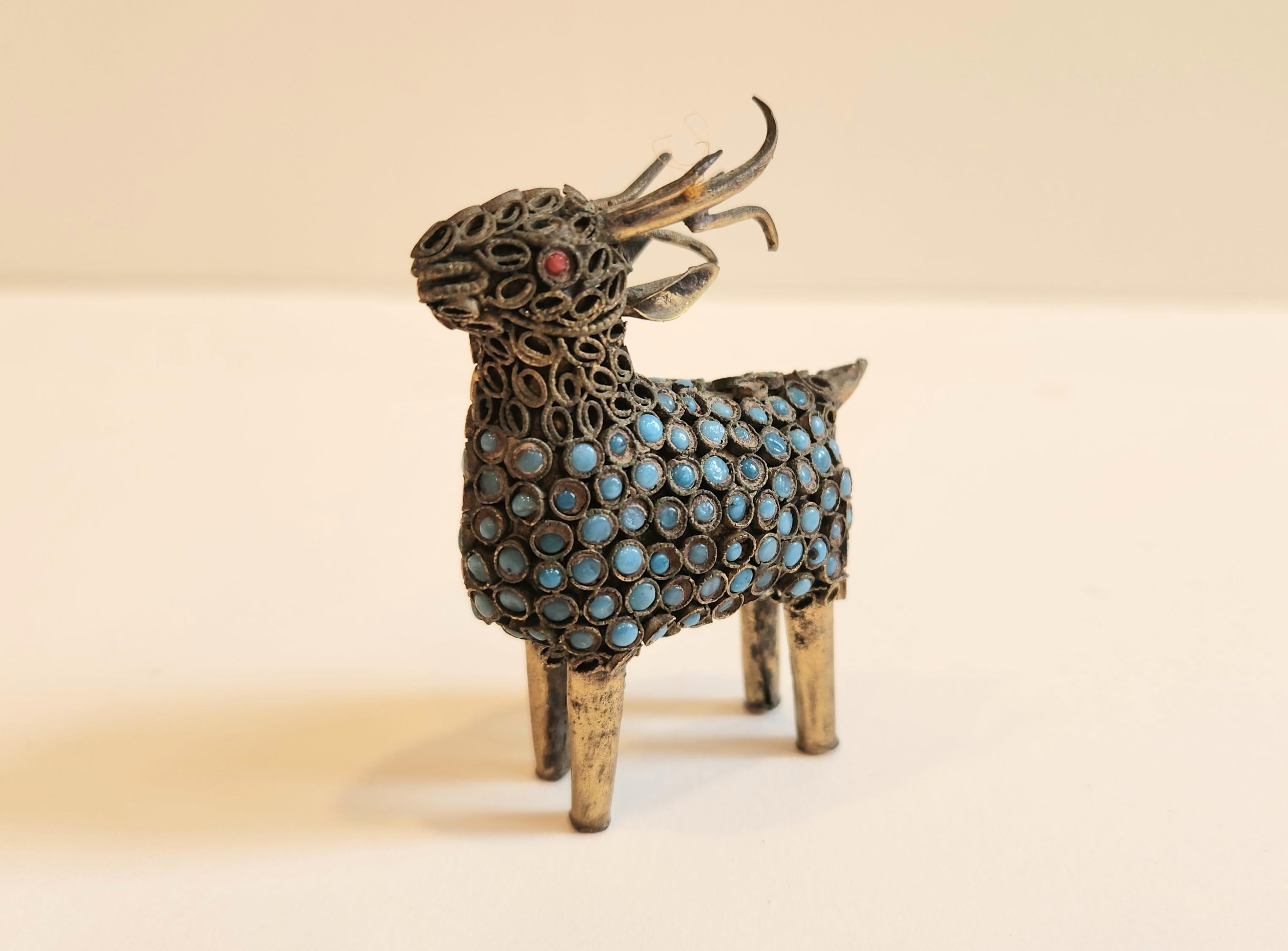 Unknown Figurative Sculpture - Turquoise and Coral Ram from Nepal