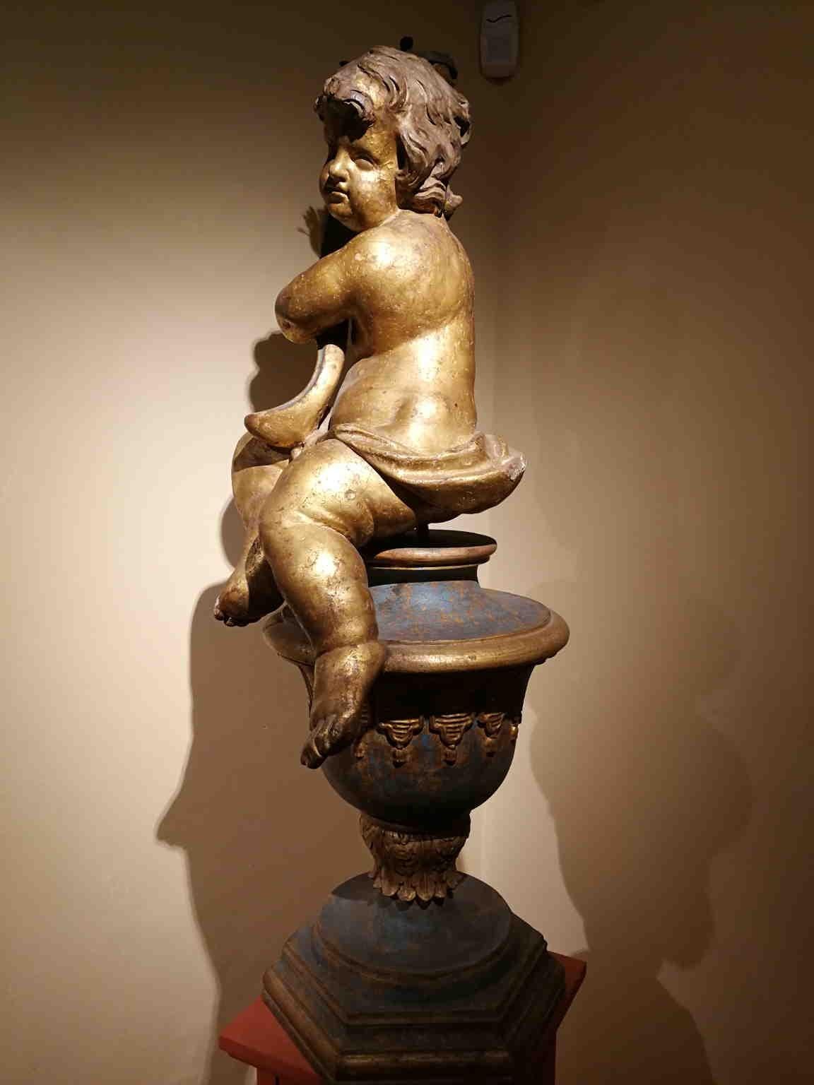 Tuscan Baroque Nude Putto Candle Holder 17-18 century gilded wood - Brown Figurative Sculpture by Unknown