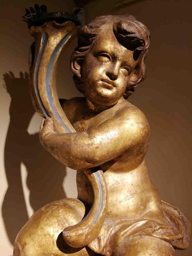 Unknown Nude Sculpture - Tuscan Baroque Nude Putto Candle Holder 17-18 century gilded wood