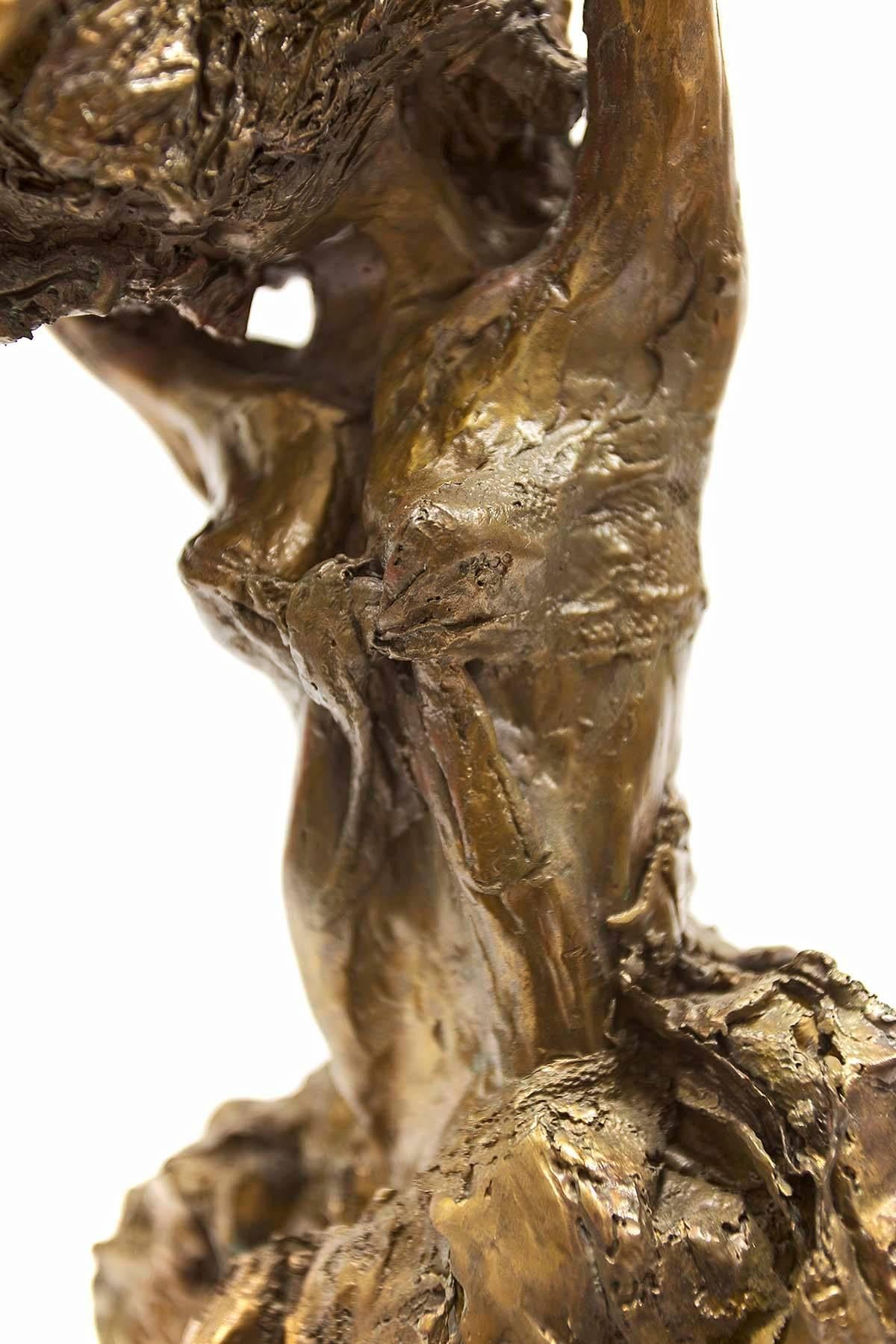 In diesem Bronzeguss wählt der Künstler (unbekannt) einen expressionistischen Ansatz, nicht nur in Bezug auf die Technik, sondern auch in Bezug auf die Behandlung des Themas. Die weibliche Figur scheint eine Art Metamorphose durchzumachen, die