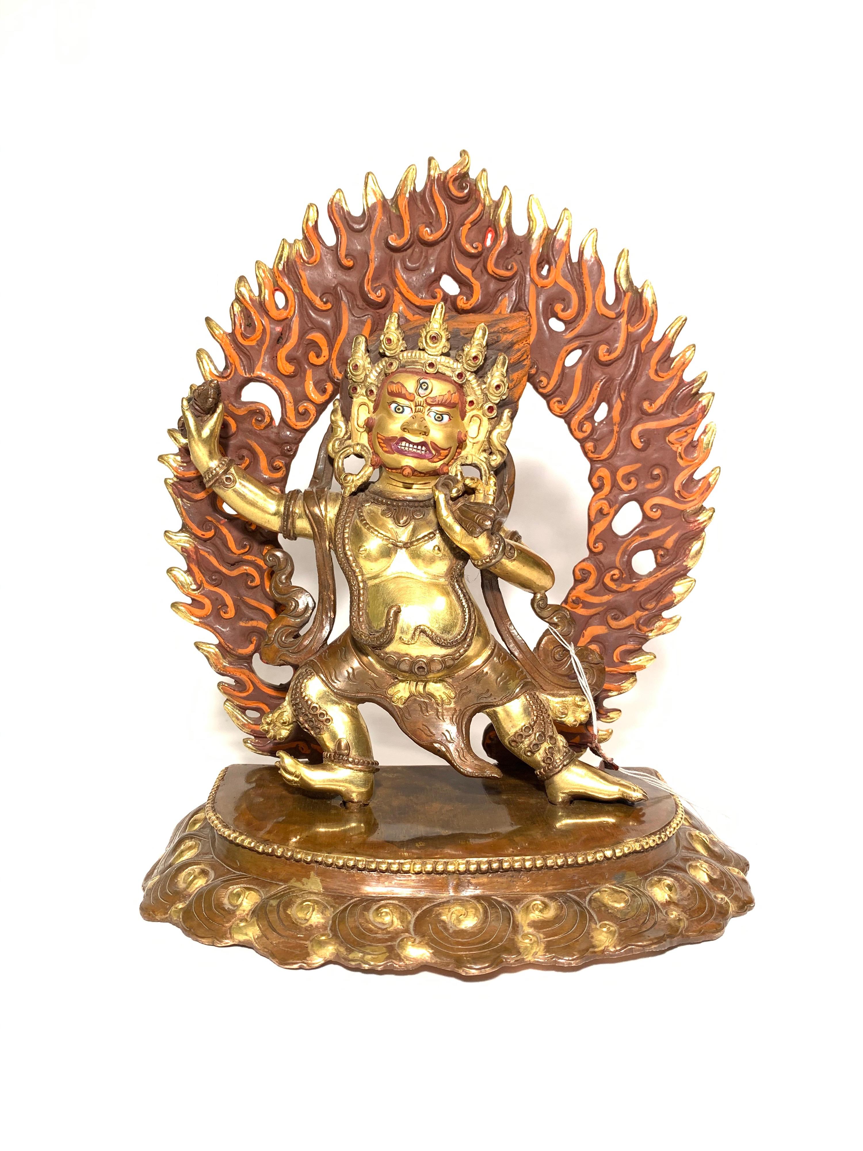 Statue Vajrapani de 10 pouces avec or 24 carats fabriquée à la main par procédé de la cire perdue, fabriquée à la main