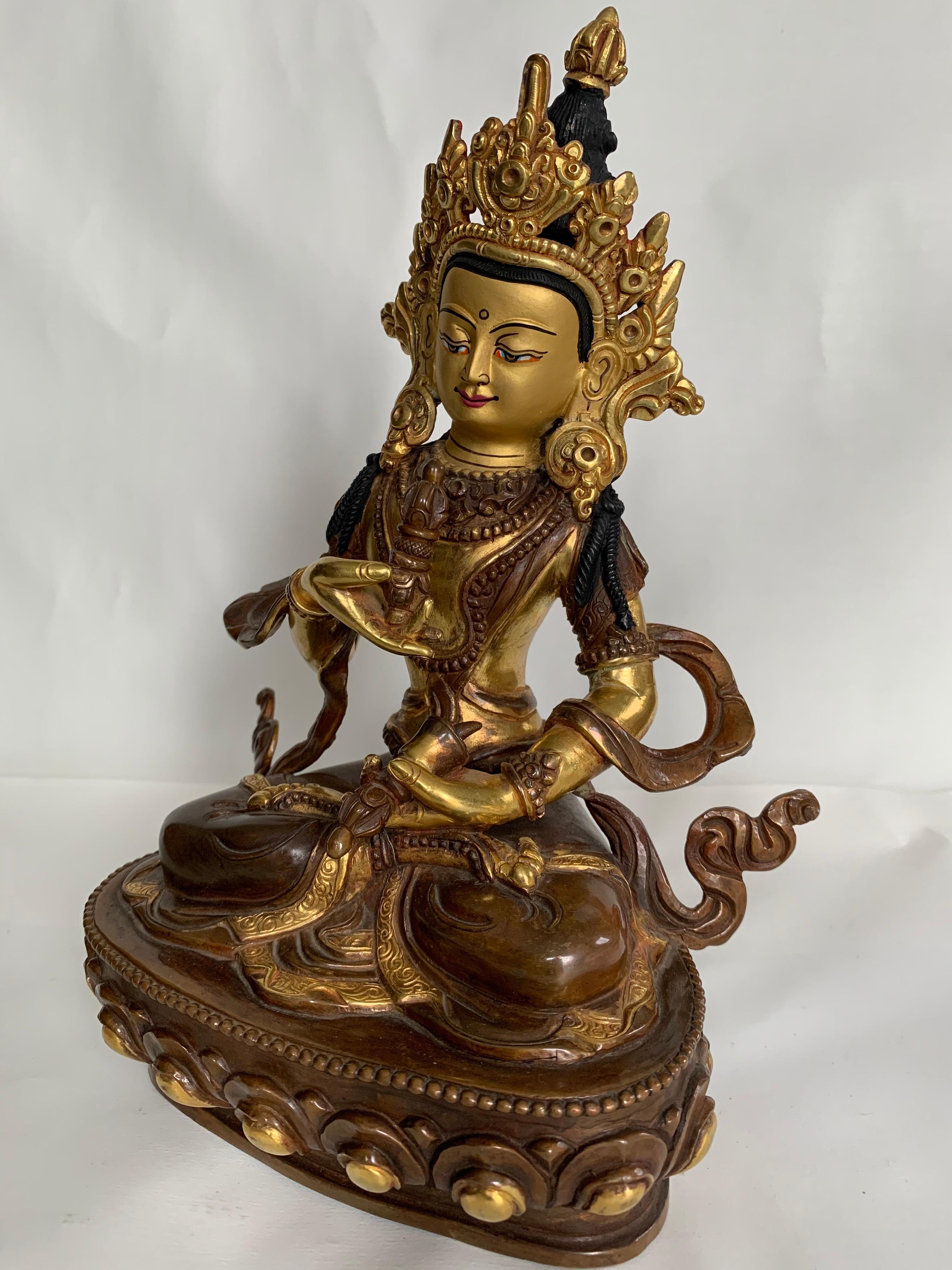 Vajrasattva Statue 9 Inch with 24K Gold Handcrafted by Lost Wax Process - Sculpture by Unknown