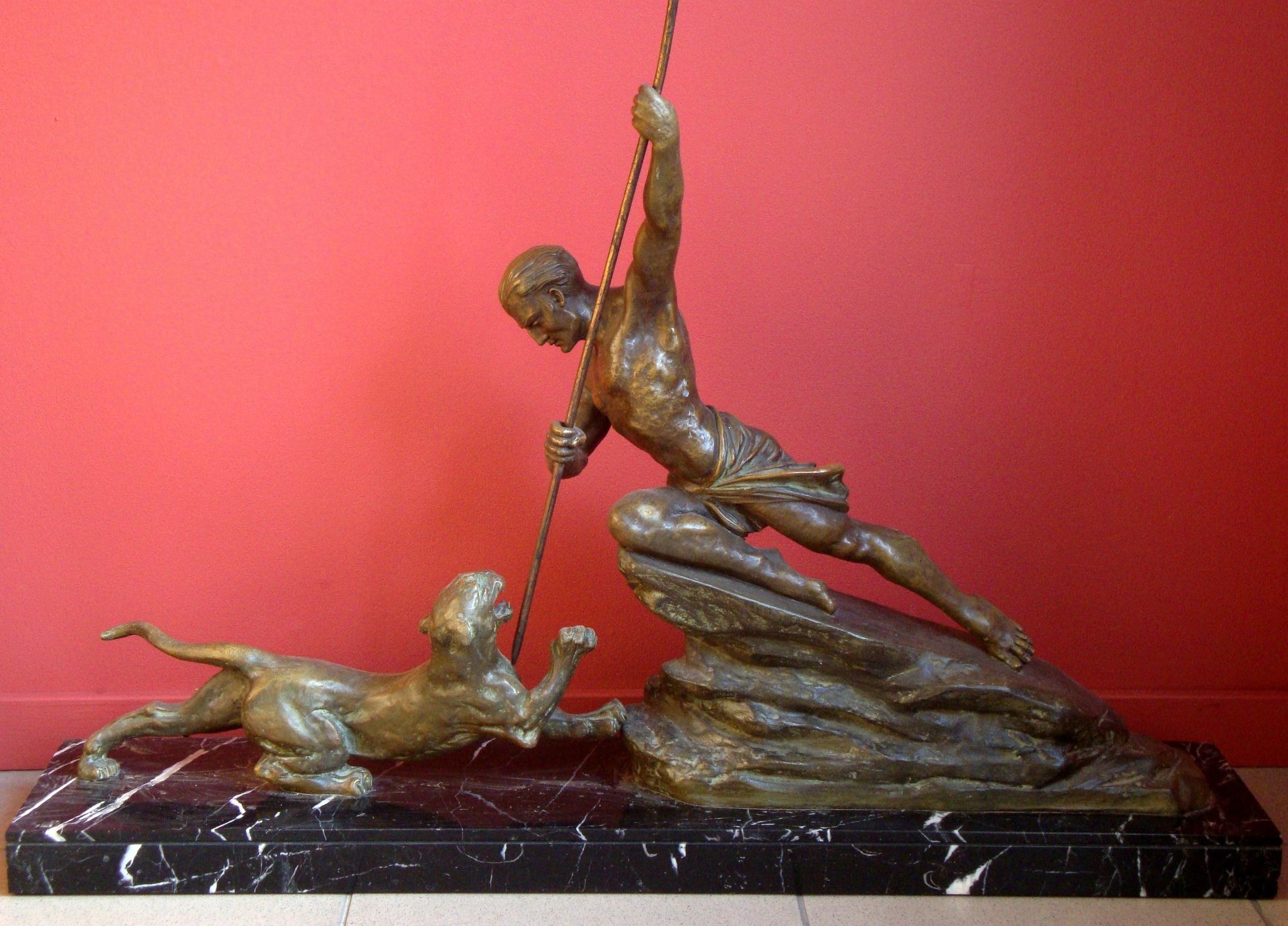 Varnier R. - Fight with panther. Bronze, marble, 70x85x17 cm  - Sculpture by Unknown