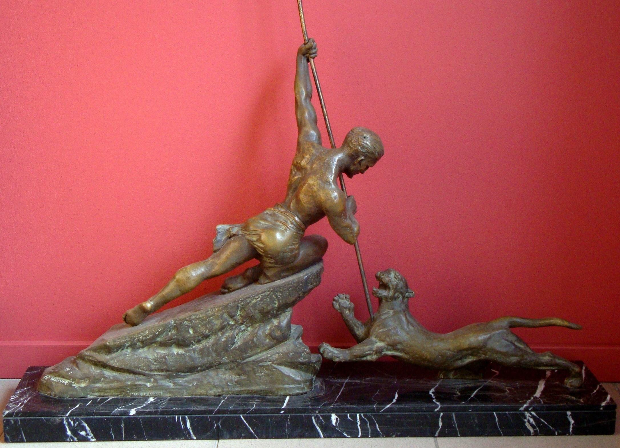 Unknown Figurative Sculpture - Varnier R. - Fight with panther. Bronze, marble, 70x85x17 cm 