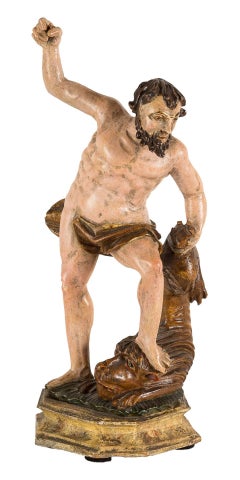 Venitian sculpture in carved and painted wood, depicting "Hercules and lion"