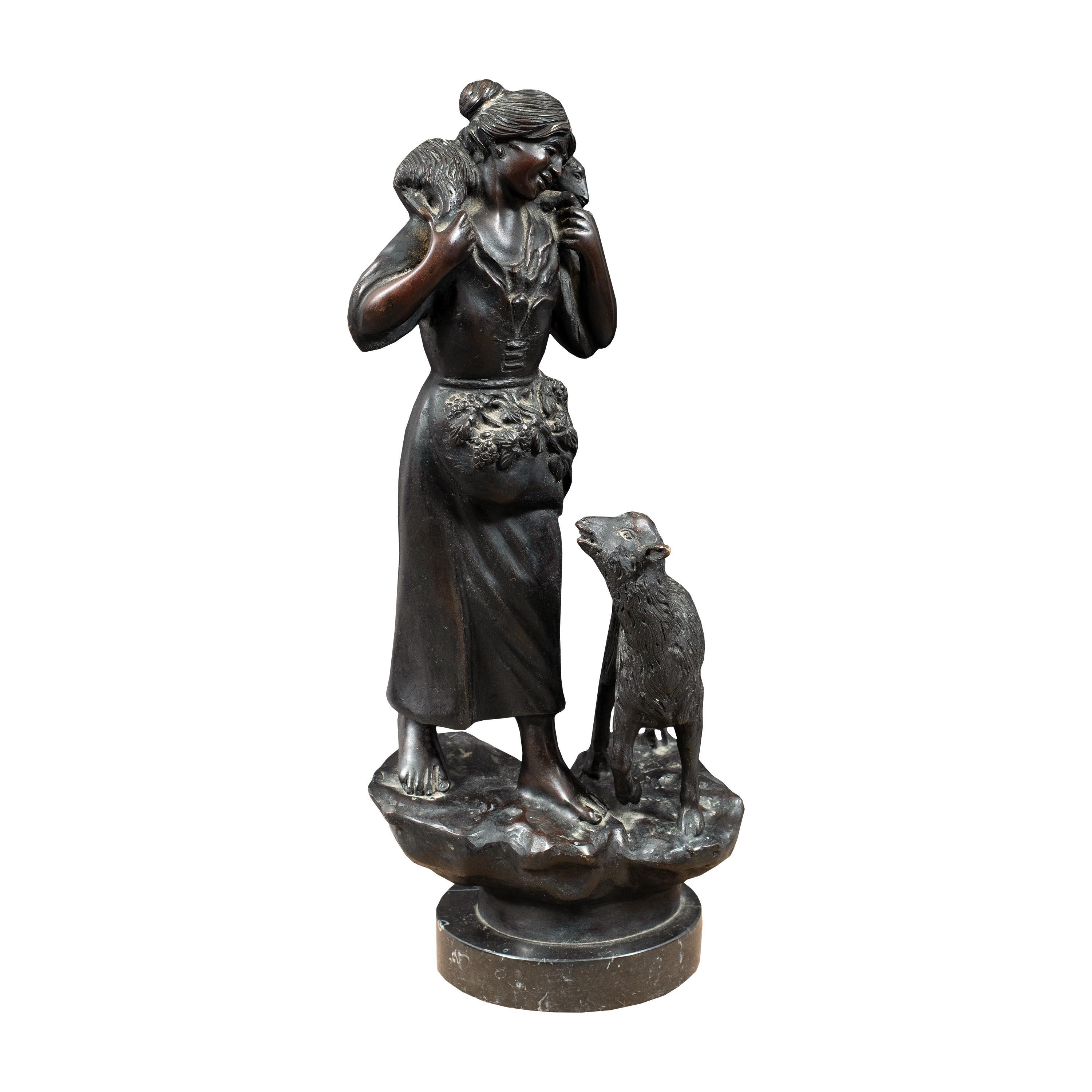 Verist Italian sculptor - 19th century bronze sculpture - Shepherdess with sheep - Sculpture di Unknown
