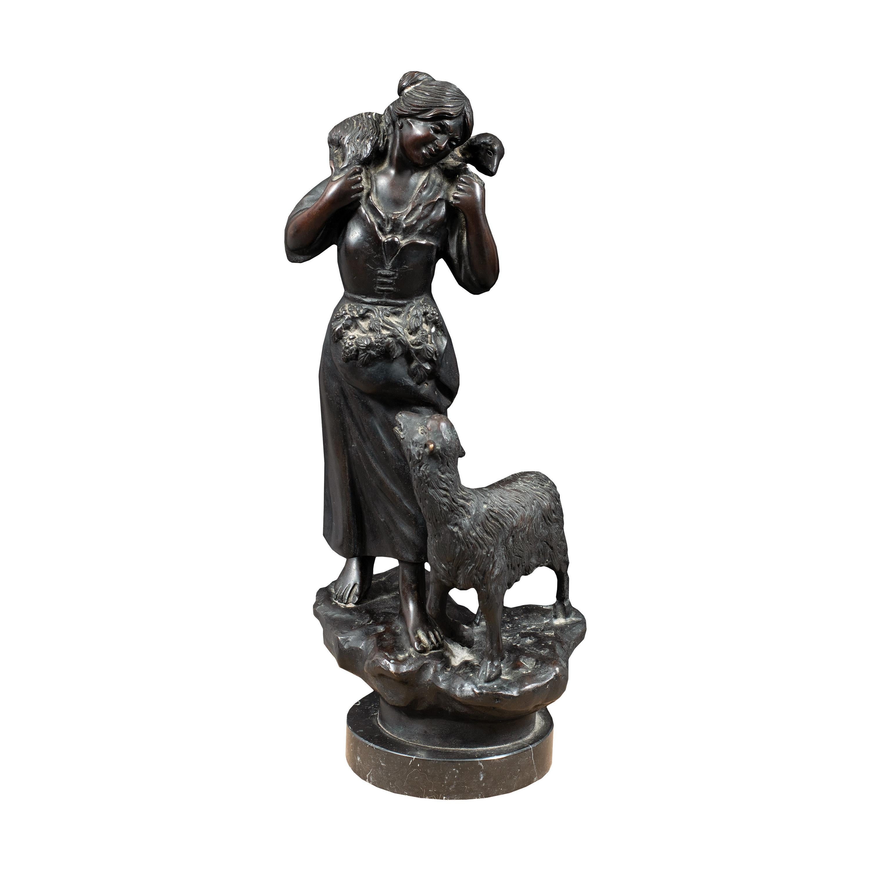 Verist Italian sculptor - 19th century bronze sculpture - Shepherdess with sheep