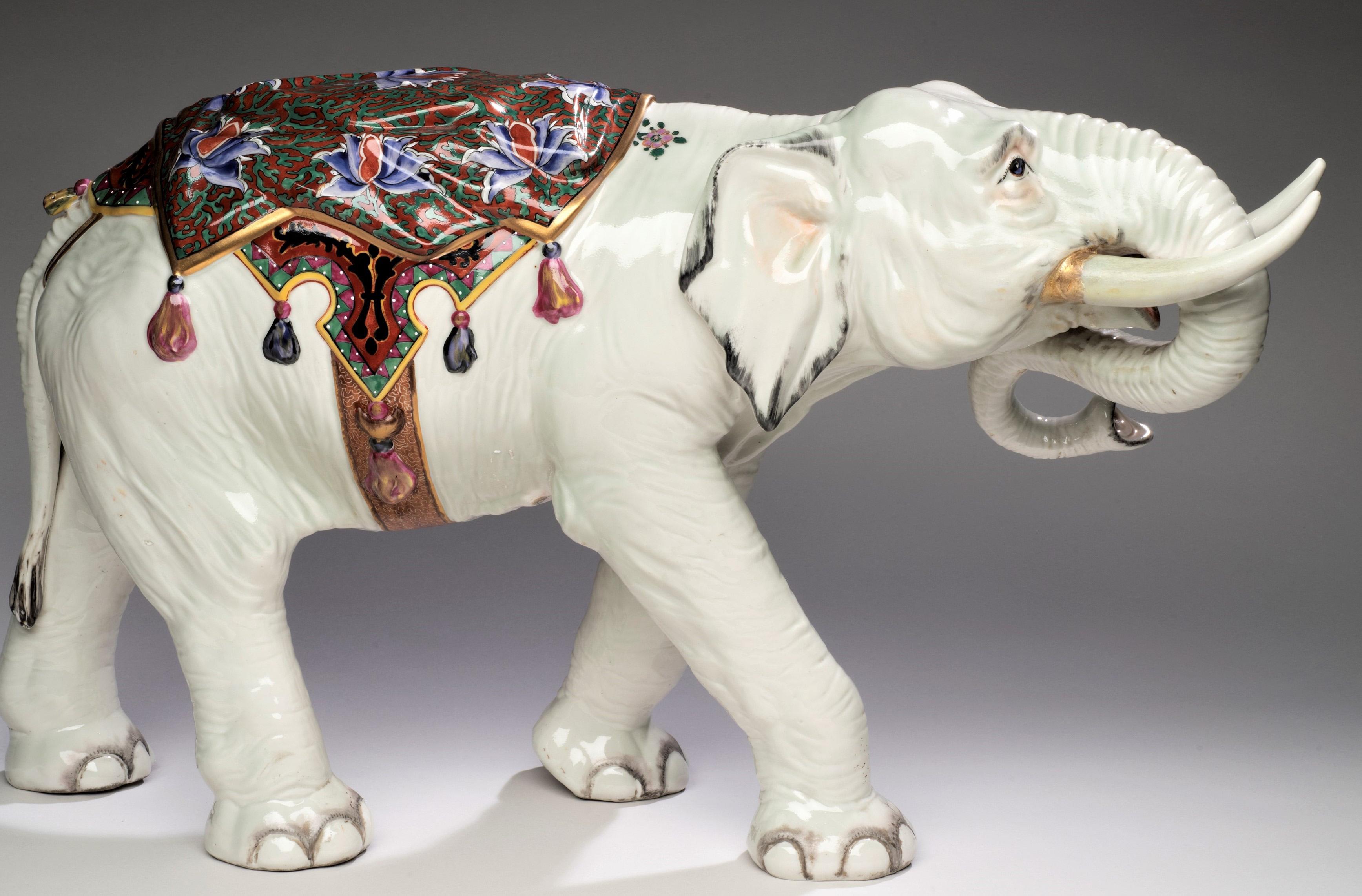 Unknown Figurative Sculpture - Fine & Very Large Belle Epoque Porcelain and Enamel Elephant, France circa 1900